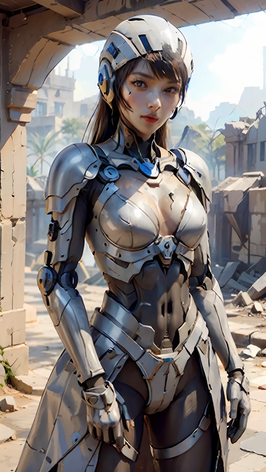 In the ruins,A beautiful woman in a mech,exquisite facial features,Armed with a machine gun,