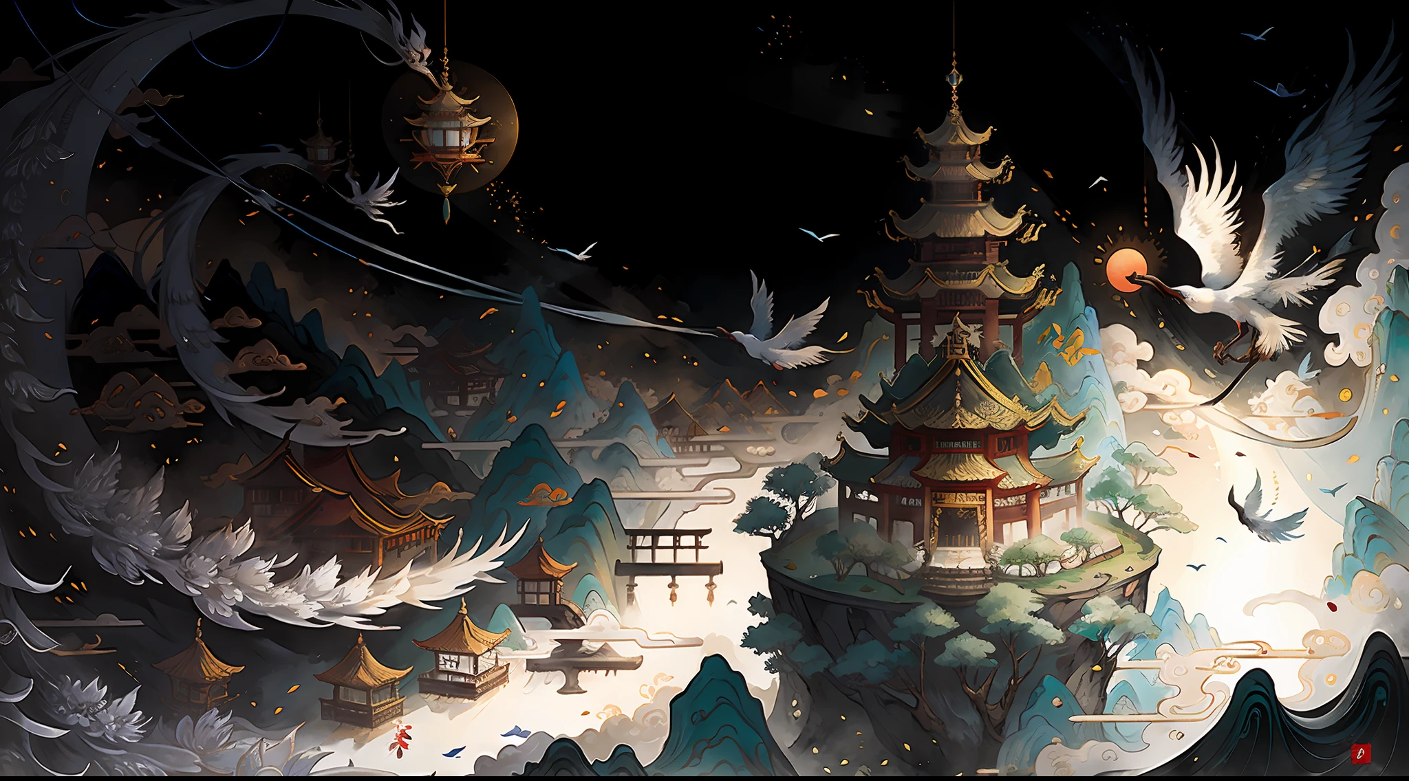 Ancient Chinese landscapes,fantasy,Floating island,Chinese style buildings,The crane flies in the air,palaces,Pavilion,ink and watercolor painting,in wonderland , rays of sunshine, white backgrounid, tmasterpiece, super detailing, Epic composition, hyper HD, high qulity, extremely detaile, offcial art, 统一 8k 壁纸, super detailing, 32k -- v 6