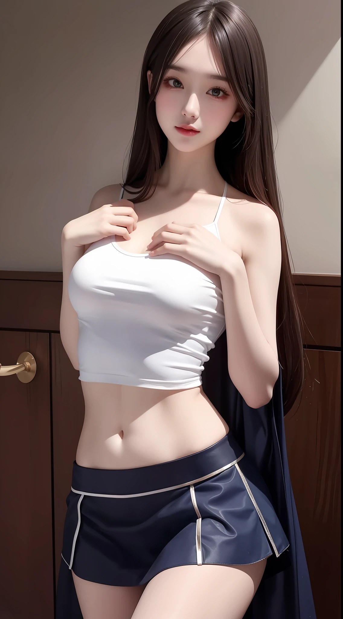 4K ultra, masterpiece, a girl, good face, detailed eyes, straight hair, very long hair, medium breasts, skirt, half skirt, shining color skirt, shinning, high lights, realistic background, whole body capture,