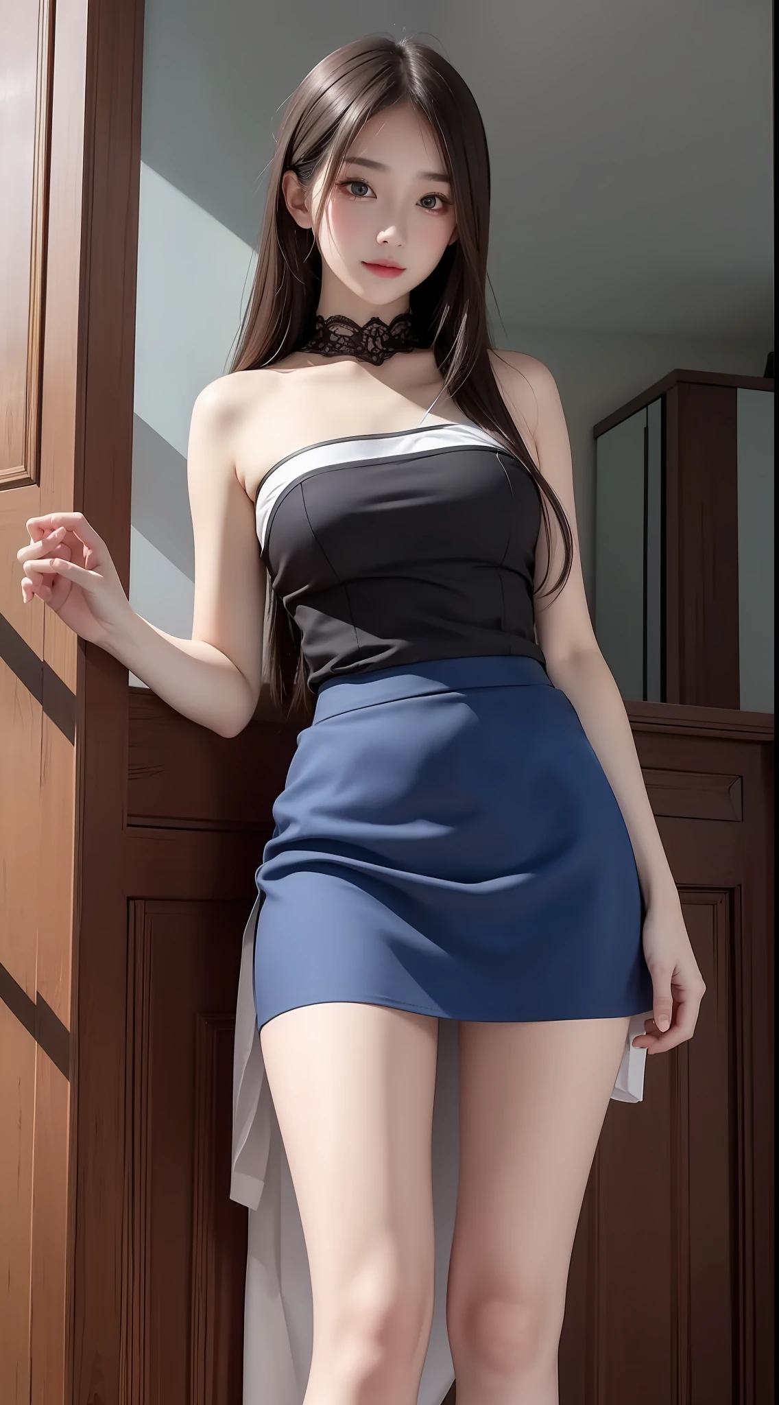 4K ultra, masterpiece, a girl, good face, detailed eyes, straight hair, very long hair, medium breasts, skirt, half skirt, blue skirt, shinning, high lights, realistic background, whole body capture,