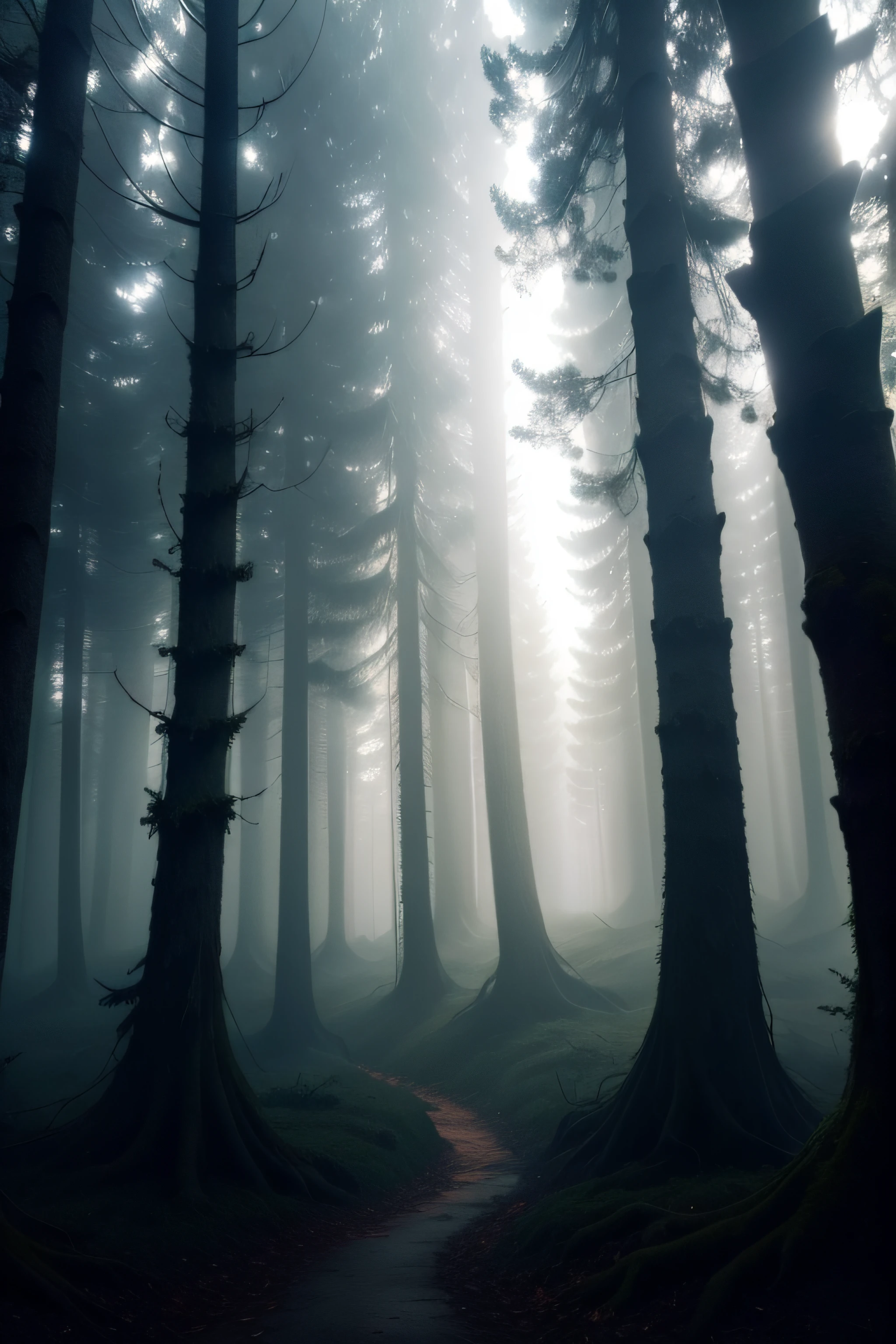 tree branches in darkness in a foggy forest, floresta escura, Horror scenario, filme de terror