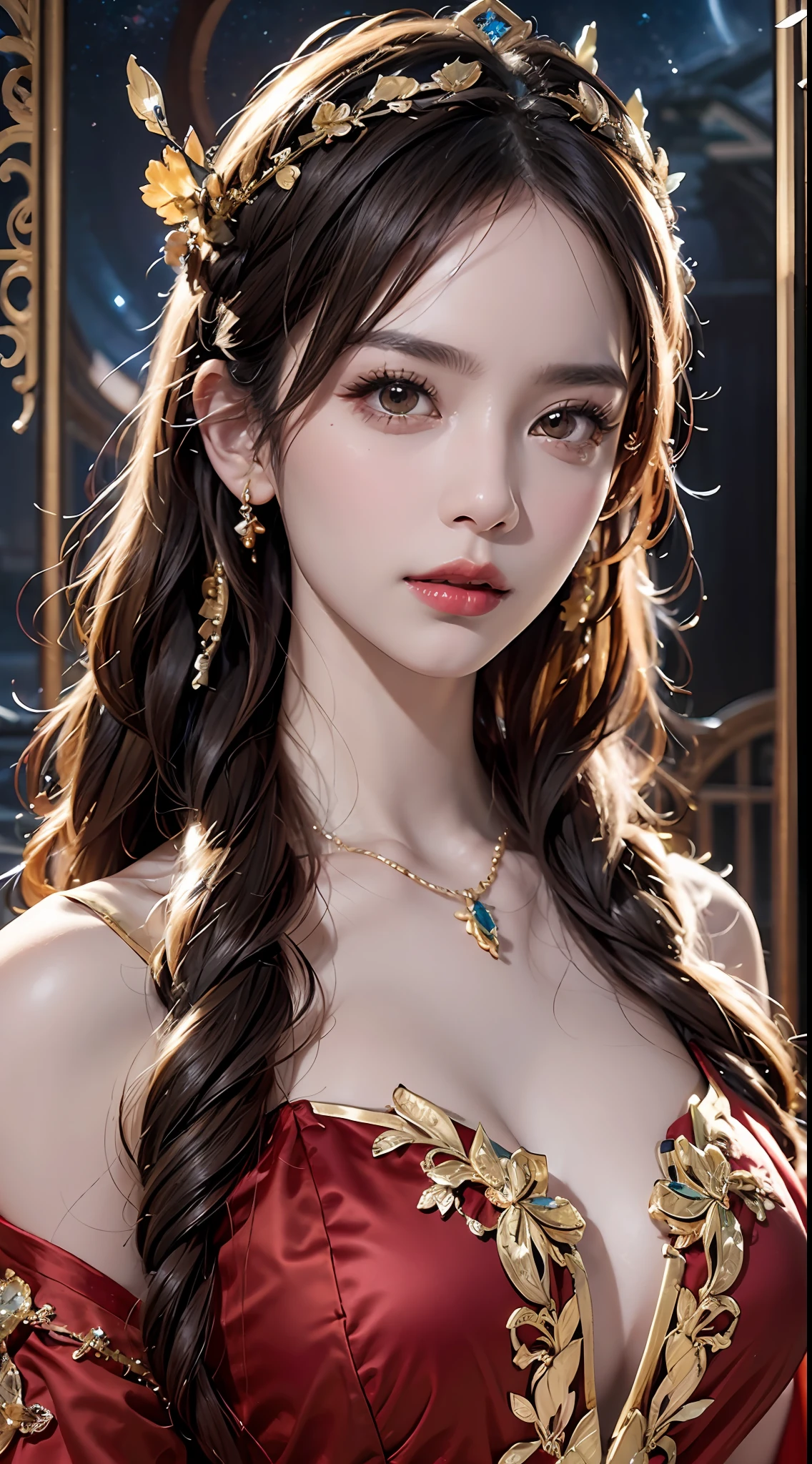 Portrait of a young 20-year-old saint, a saint with a beautiful and super cute face,Wearing a thin red dress with gold edging and glittering and sexy, Ao dai is studded with small sparkling pearls, beautiful cute face, Chinese cute doll, Ao dai with a deep slit in the chest and attractive black and white lace trim, beautiful face without blemishes, shut up, ((long hair seven colors rainbow:1.2)), big crown, hair brooch, hanfu dress, chinese ancient style, full body jewelry, forehead tattoo, The female saint's breasts are round and very full, breast augmentation, innocent face, The most beautiful and detailed light red lipstick, ((Thin plump lips:0.3)), ((Golden eyes:1.2)), The eyes are delicately decorated,(white and detailed) cinematic, light and dark, dramatic lighting, magical light, extremely detailed light, true color, super sharp, realistic, 8k quality, fantasy universe background, saints and magical space, the most detailed images, Solo, a saintess, ((looking directly at the saint's upper body:0.4)), ((smooth skin:0.5)), Extremely detailed pixels, super true, extremely detailed and complex graphics, the highest resolution, close-up portrait,