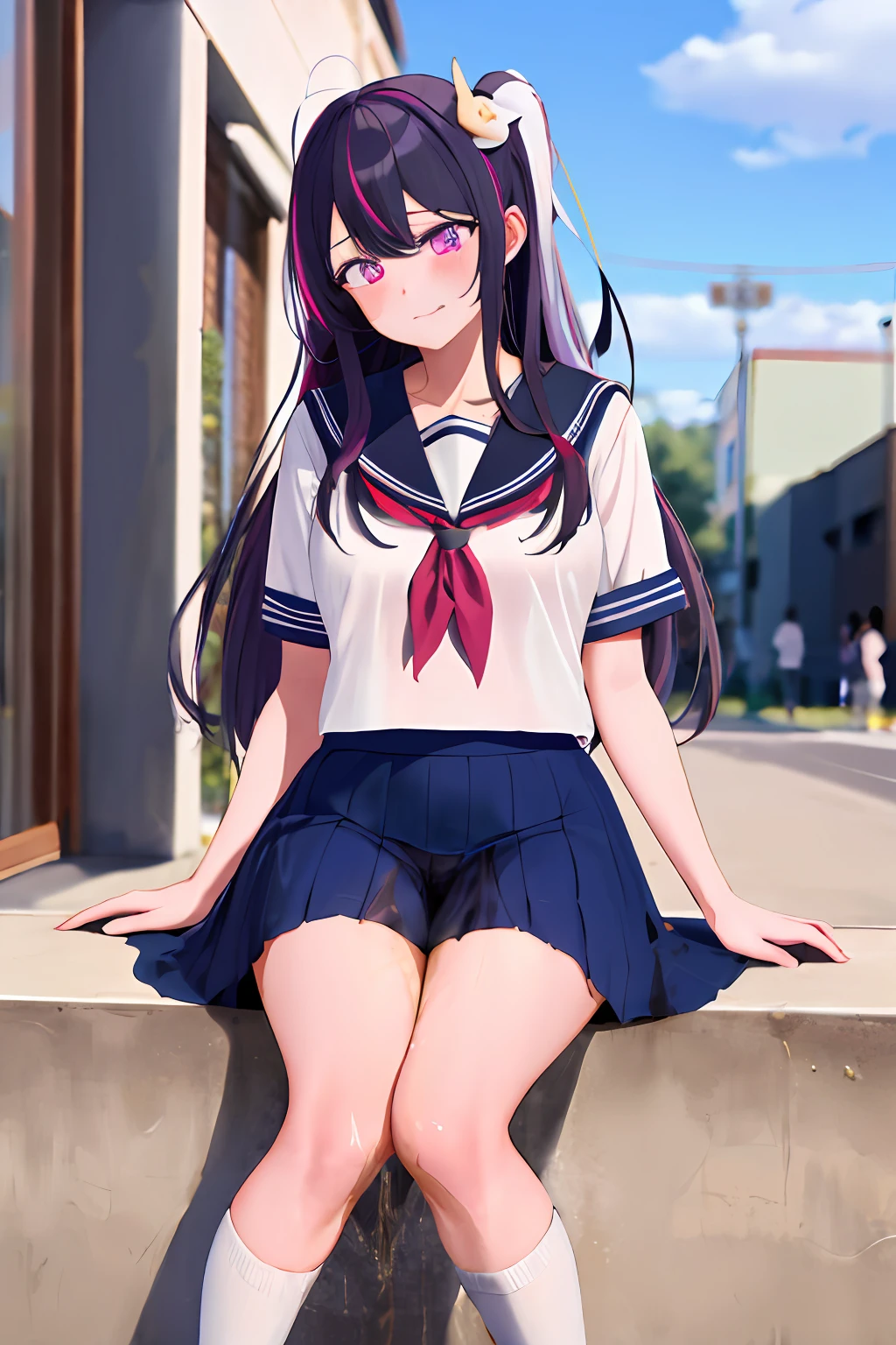 best quality, highres, 1girl, solo, school uniform, skirt, Hoshino Ai, long hair, purple hair, streaked hair, sad expression ,purple eyes, high school uniform, ((((her defecation accident)))), ((((her fecal leakage accident)))), concept, pee, peeing self, wetting, wetting self, have to pee, pee stain, in skirt has pee stain,puddle of pee at your feet