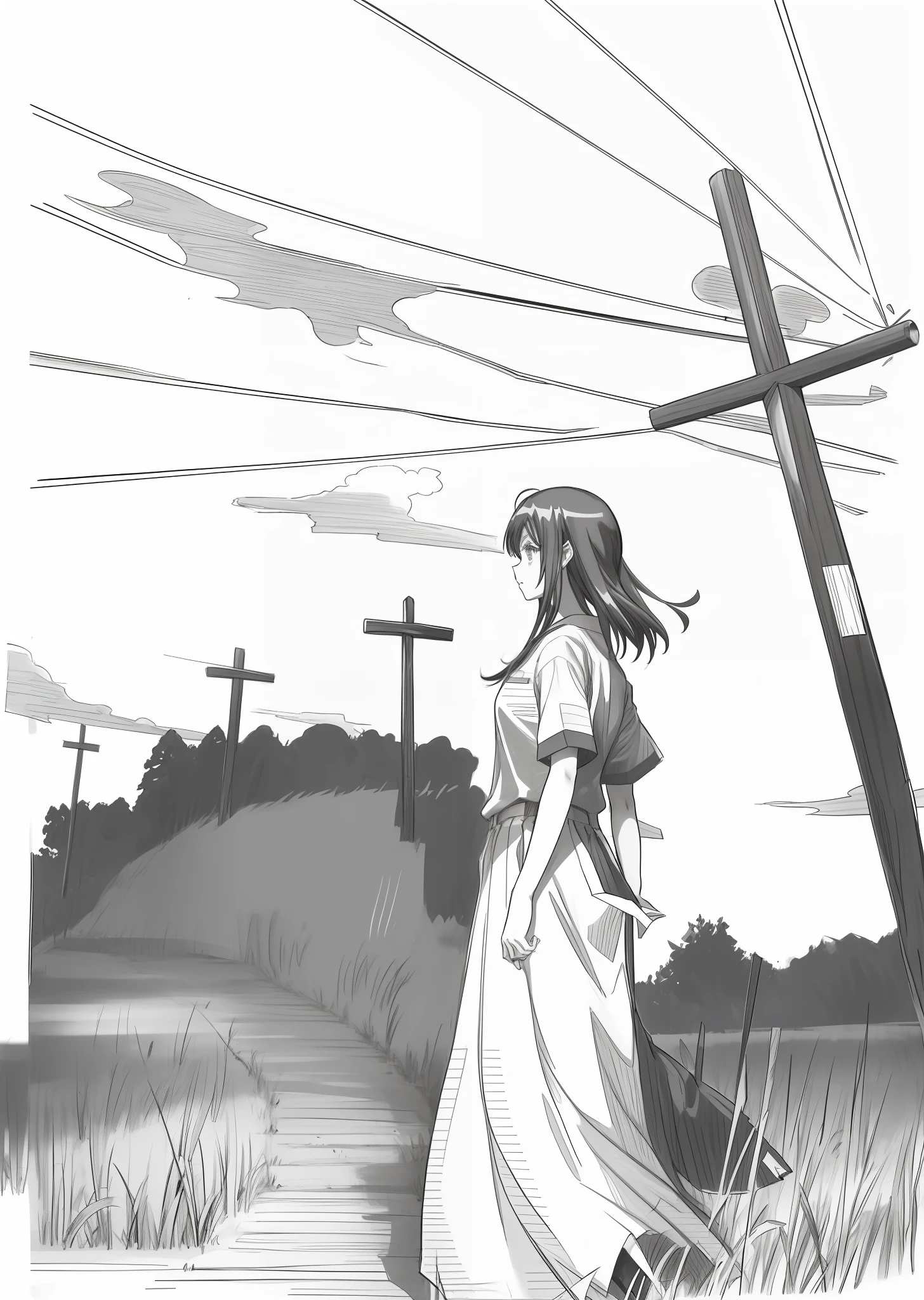 Draw a woman walking in a field，The background is a cross, pencil and ink manga, pencil and ink manga drawing, ink manga drawing, black and white manga style, punpun onodera, comic drawing, author：Middle Bokuhn, Manhwa Style, ( ( ( yoshinari yoh ) ) ), black and white manga panel