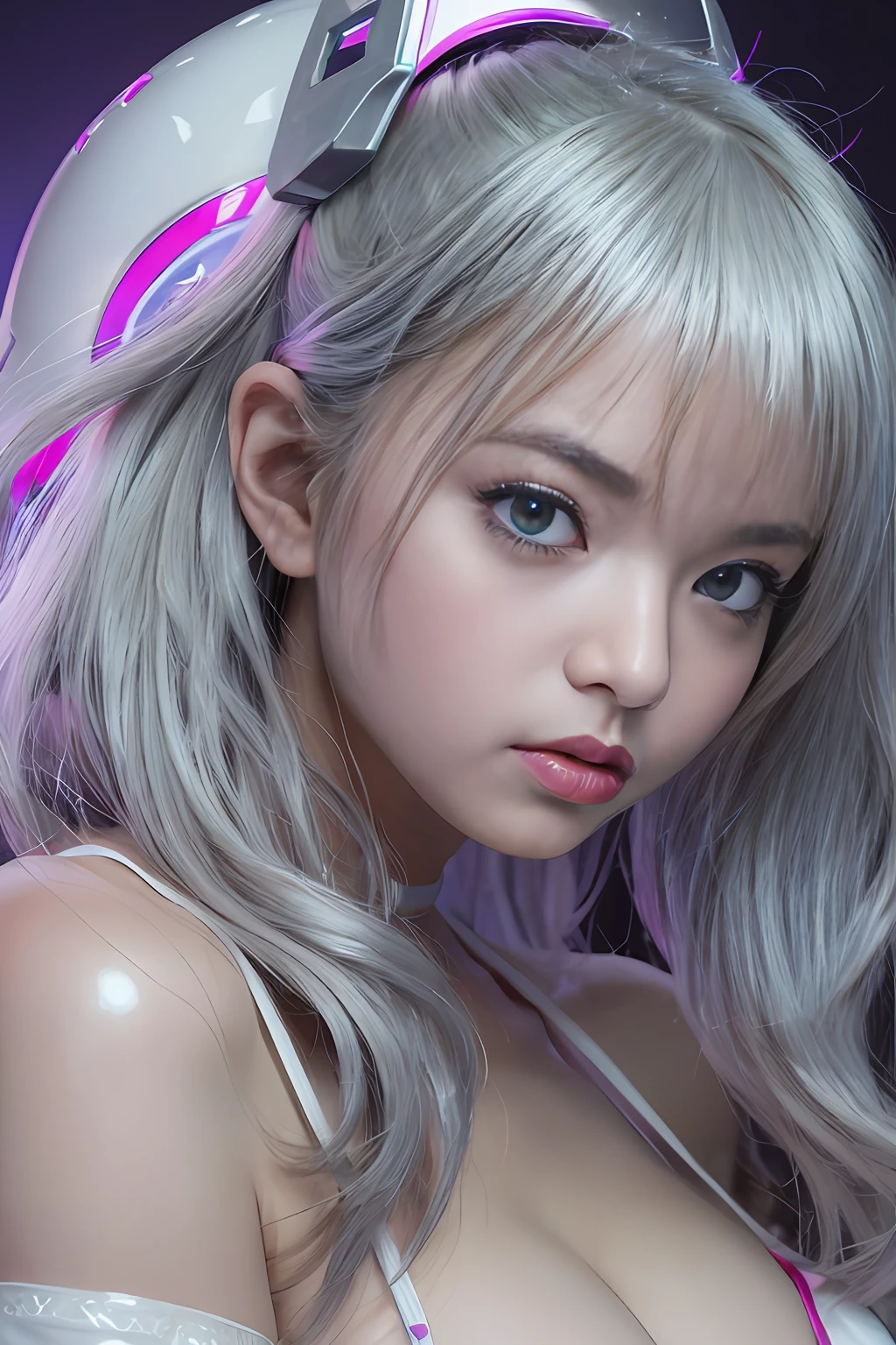 top-quality、masterpiece、超A high resolution、(Photorealsitic:1.4)、Raw photo、女の子1人、years、Shiny platinum hair、A look of shame、glowy skin、((super realistic details))、portlate、globalillumination、Shadow、octan render、8K、ultrasharp、Colossal tits、cleavage of the breast、(Underbust of exposed raw skin:1.4)、(White latex micro bikini without strings:1.4)、Upper arm chain、high intricate detailed、Realistic light、CGSoation Trends、a purple eye、radiant eyes、Facing the camera、neon details、sitting on、Futuristic hair ornament、Gundam、Small LED lamp、Purple neon lighting、Green neon lighting、