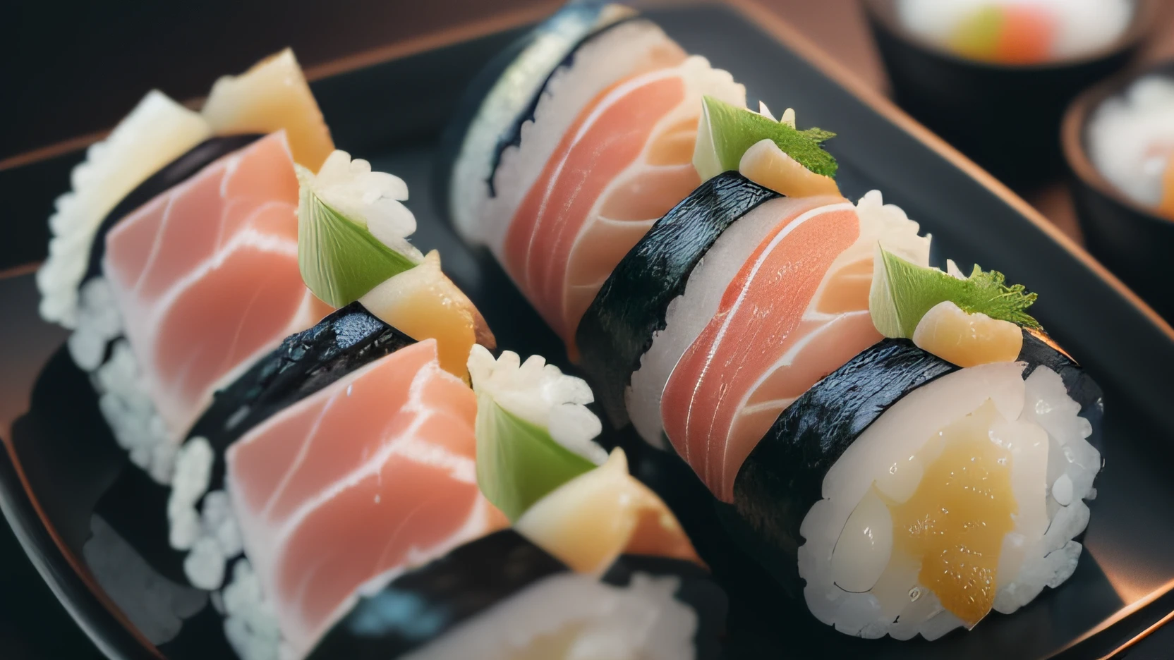 A delicate picture of 3 pieces of sushi，。Each sushi roll should present a tight and even roll，The details show the denseness and stickiness of the sushi rice。The outer layer of tuna of sushi should be smooth and whole，Reveals natural textures and dark colors。Internal fillings such as fish、Other ingredients should show bright colors and clear shapes，Each element can be detailed to present its unique texture and texture。Ingredients can be added with a little mustard、Soy sauce or other condiments add flavor。The background can be a simple black or light tone，to highlight the color and shape of the sushi。By fine details and shadows，Make sushi look plump、Seductive and authentic。（Low-key photos：1.2），the detail，8k，(to8contrast style)，(mist:0.7)，vivd colour，embellish2 Phtography，HDR RAW photo， 8K, highres，absurdres ，Kodak Portra 400 ， film grain Bokeh，lens flare，vibrant color blurry background （best quality）masterpiece 、ultra - detailed、cinematic ligh、daz、hyper realisitc