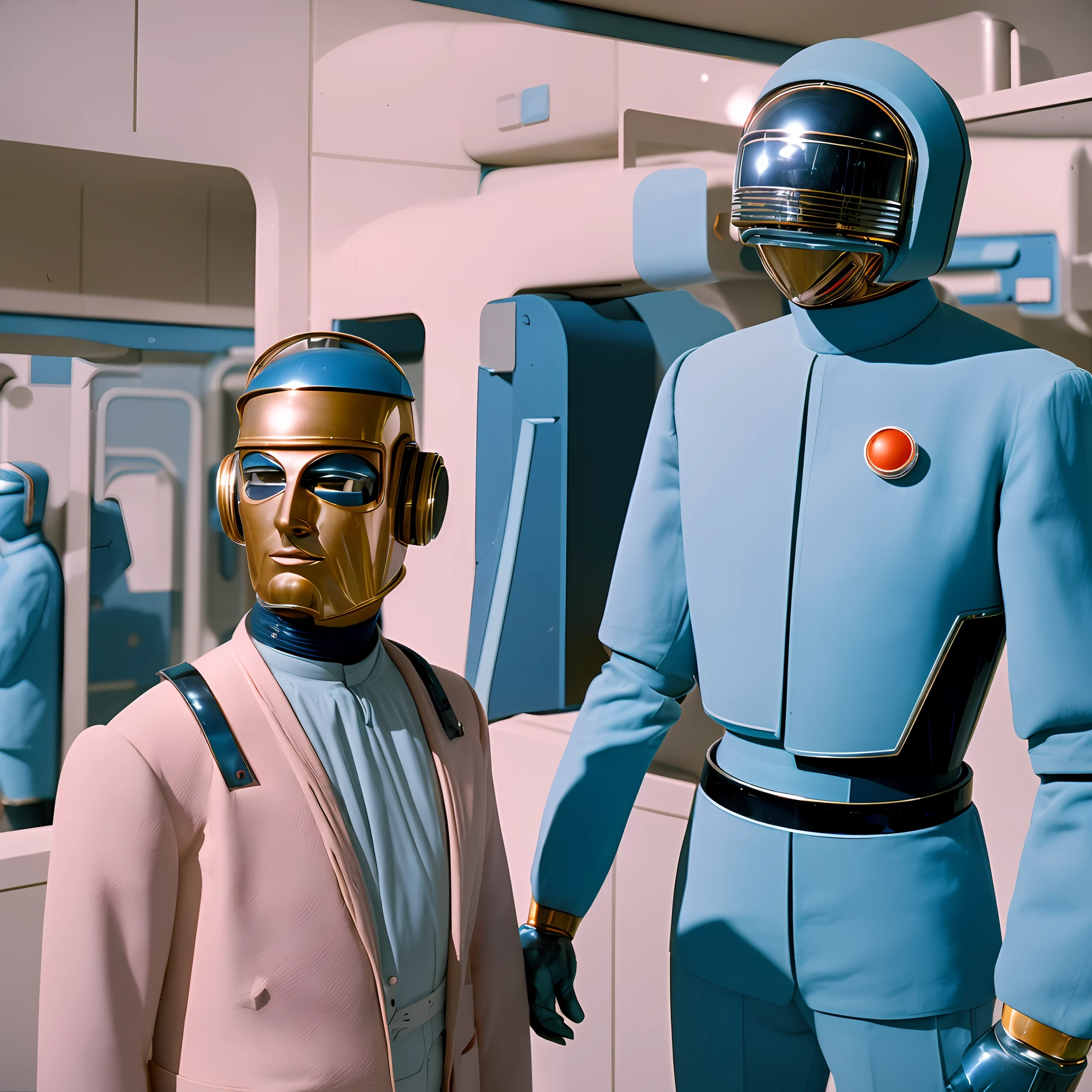 there is a man with a weird looking headpiece and a weird looking suit, a photo by franck gerard, flickr, retrofuturism, man at work, retro sci - fi picture, 5 0's vintage sci - fi style, 1 9 5 0's futuristic, the man with robot mask, fantastic planet, Wes Anderson style, pastel colors.