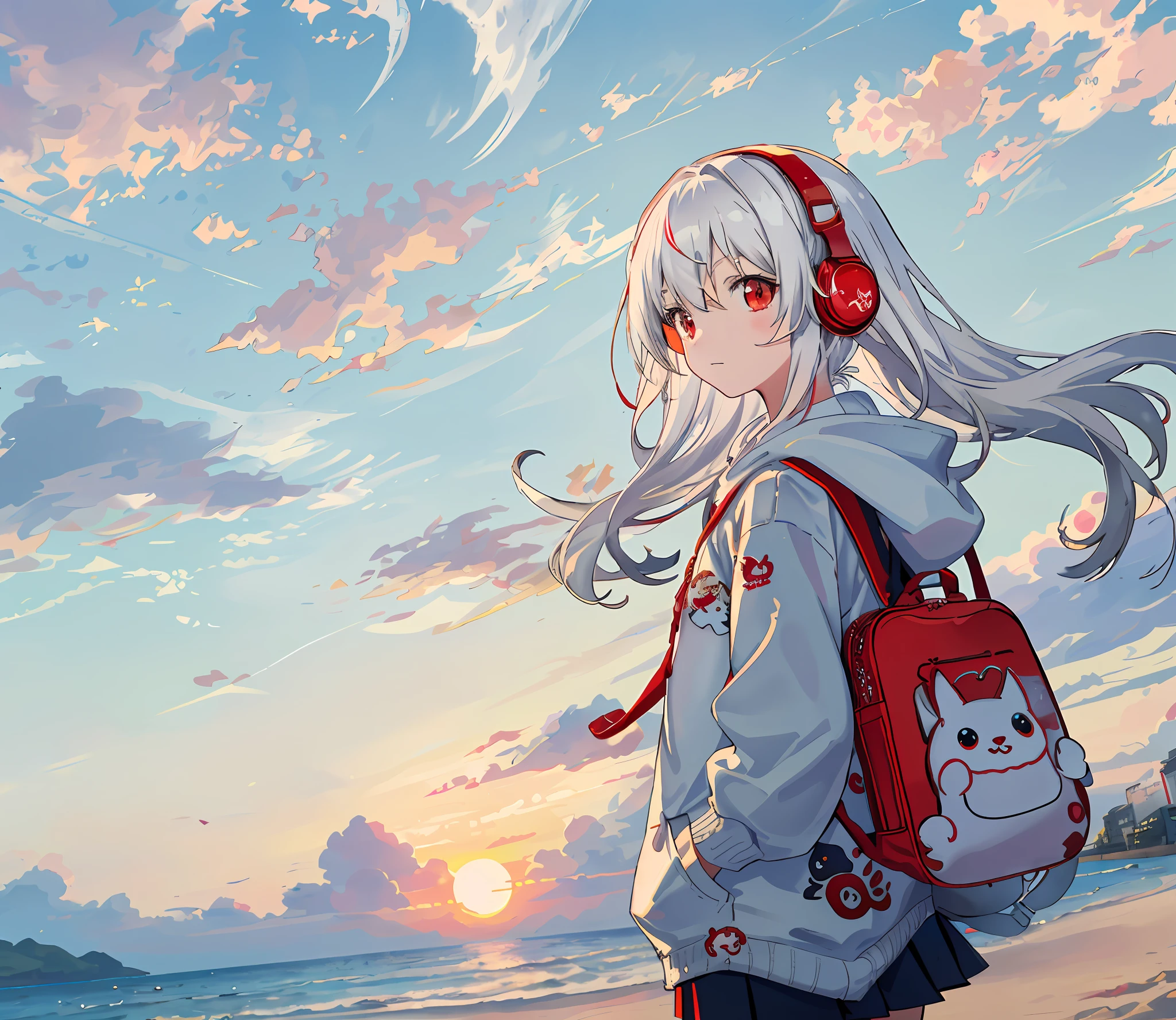 the setting sun,sea surface,sandbeach,Recife,Anime girl with white hair and red eyes,hands in a pocket,Red and white headphones,((White hoodies)),Red and white pattern,((((Puppy motif on school bag)))),shoreline,short detailed hair,horse tailed,long skirt