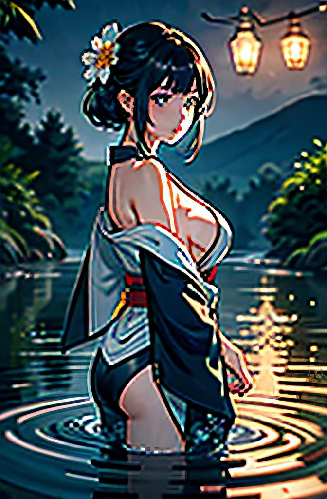1girl, breasts, moon, lantern, night, solo, large breasts, hair ornament, wet, kimono, japanese clothes, wading, water, hair flower, flower, outdoors, sky, full moon, rain, black hair, off shoulder, mountain, cloud, holding, sash, bare shoulders, paper lantern, standing, white kimono, night sky, sideboob, obi, wet clothes, bangs, tree, from side, reflection, short hair, cloudy sky, wet hair (((masterpiece),(extremely detailed CG unity 8k wallpaper),best quality,,solo,1girl,cinematic lighting,detailed background,beautiful detailed eyes,bright pupils, (an extremely delicate and beautiful),(Beautiful and detailed eye description), ultra-detailed,masterpiece,)),