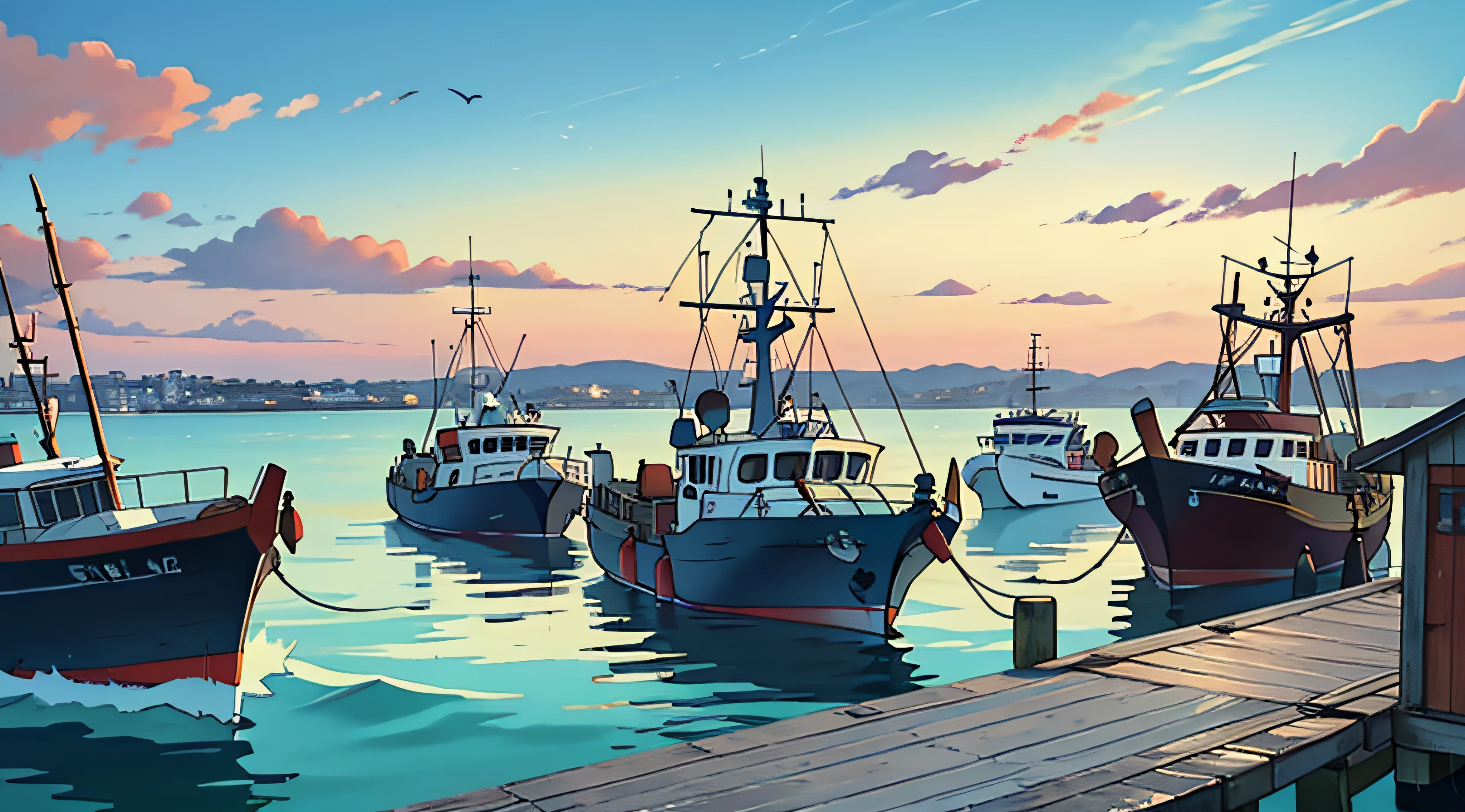 Fishing boat port，jetty，Fishing boats out to sea，Modern large fishing vessels，Docked at the pier，Stand on the pier and look straight ahead，Staring straight ahead，Pure landscape painting