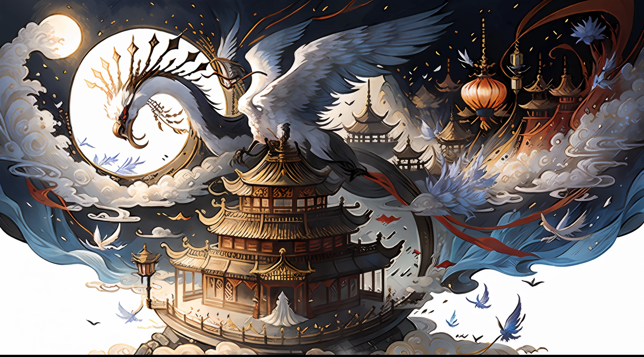 Ancient Chinese landscapes,fantasy,Floating island,Chinese style buildings,The crane flies in the air,palaces,Pavilion,ink and watercolor painting,in wonderland , rays of sunshine, white backgrounid, tmasterpiece, super detailing, Epic composition, hyper HD, high qulity, extremely detaile, offcial art, 统一 8k 壁纸, super detailing, 32k -- v 6