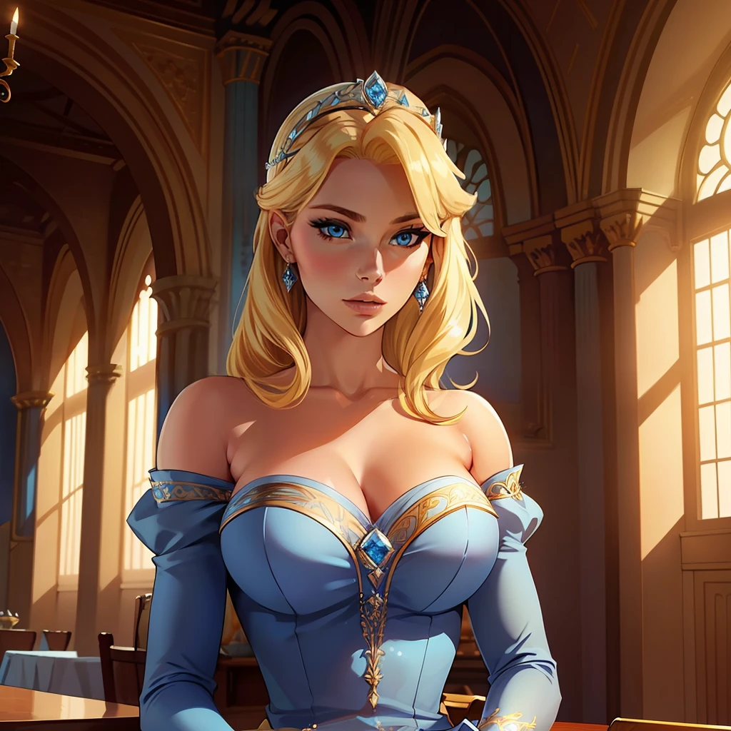 a woman, blonde hair, blue eyes, medium hair, blue tiara on her head, inside a castle, Cinderella, long blue dress, well-defined body, masterpiece, best quality, high quality, detailed body, detailed face