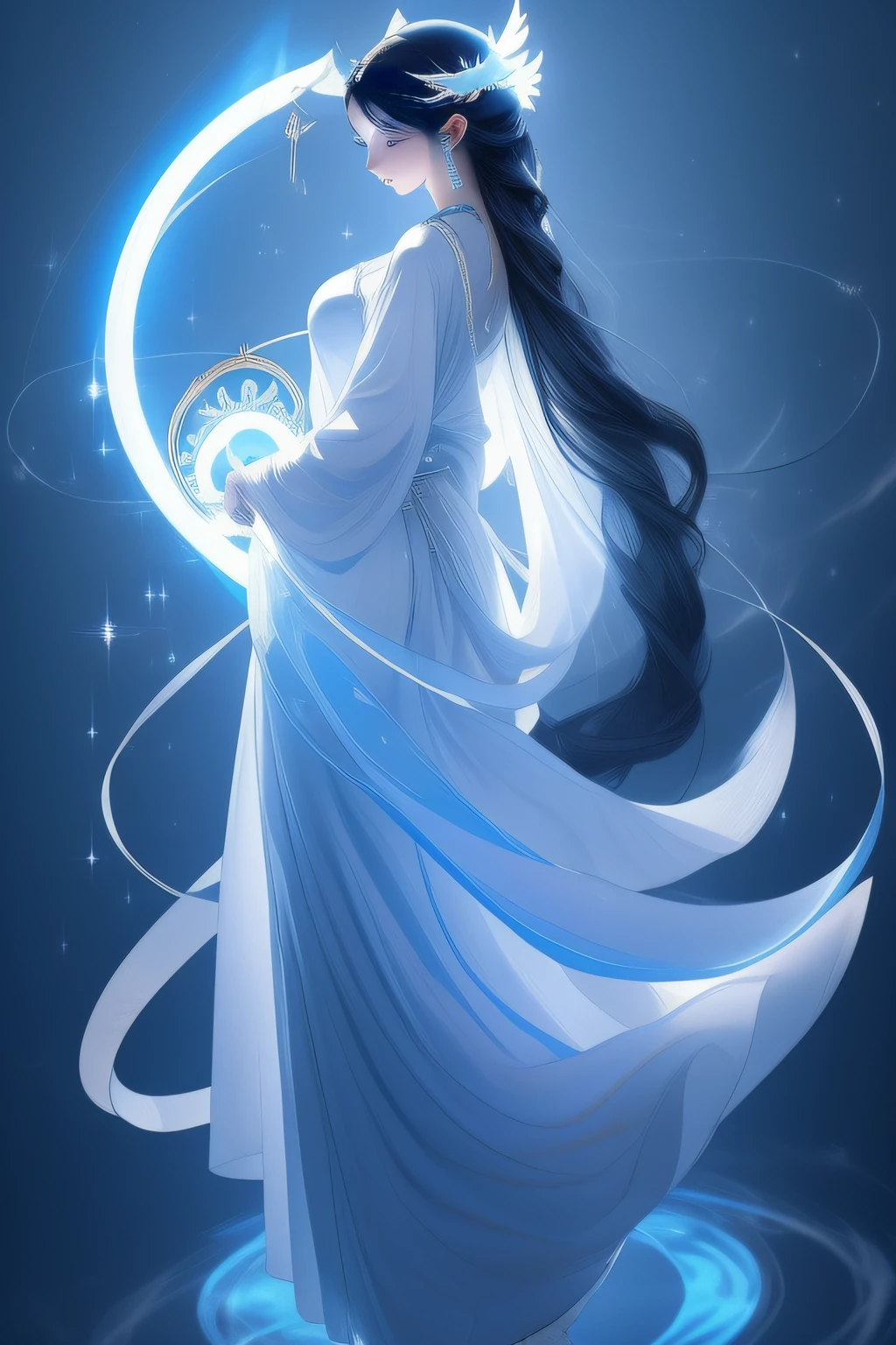 wearing long white togas，Blue trim，Long black hair，Like Di Li Gerba's，Cold and beautiful ancient fairy，Holding a white halo，The outer ring of the halo is blue, with a blue magic light，Silver bells around the waist，Feet on white smoke