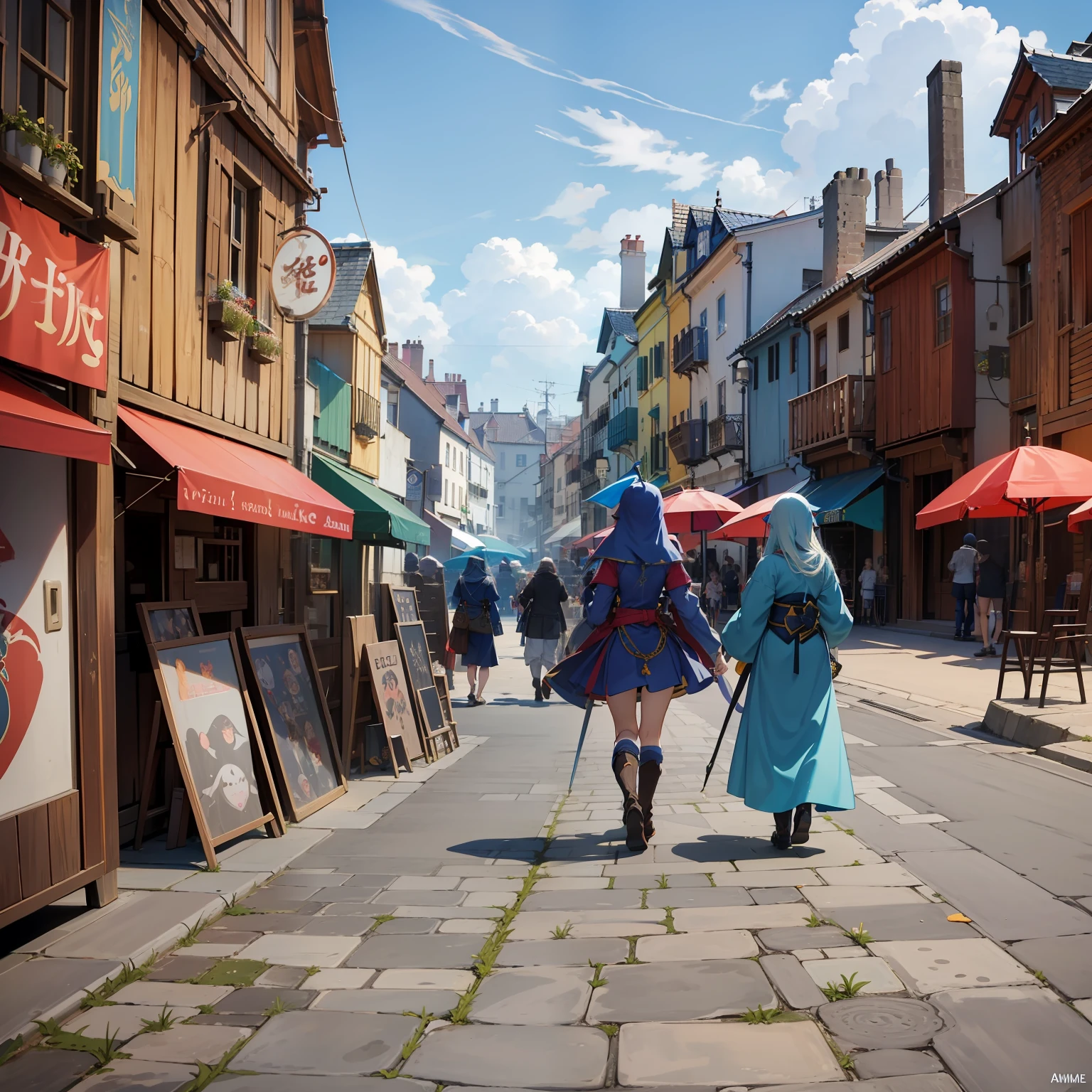 Old Towns of Medieval Europe Ocean wind Brick house stone pavement Lively party Anime of the 2020s Screenshot of Anime Knight in Armor Woman in cloth omatsuri Parti carnival busy noisy a person々