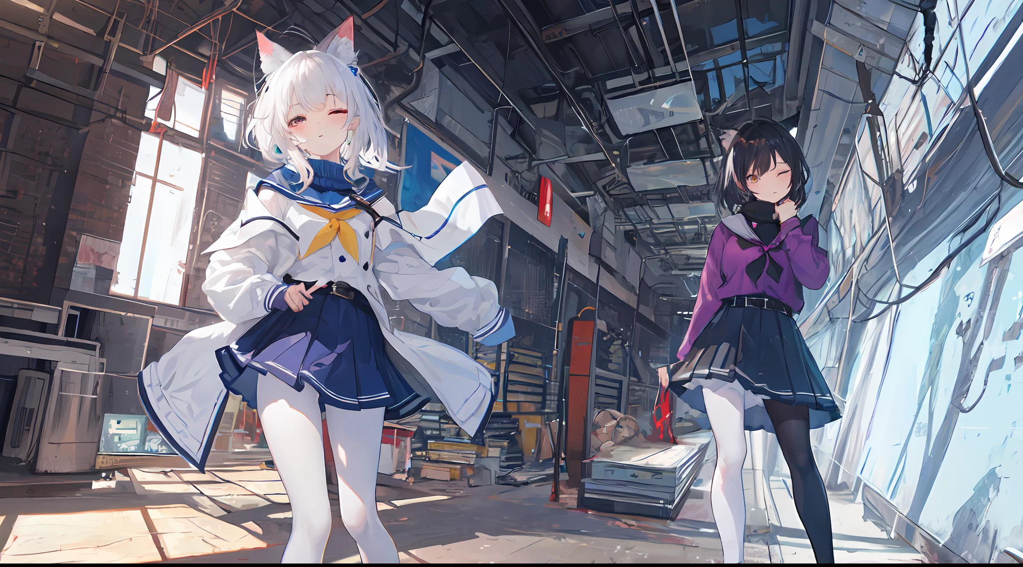 Heterochromic pupils，solo person，Ark of Tomorrow，one-girl，off-shoulder sweater, backless outfit,Starry sky,clusters of stars,Ray tracing,{Best quality}, {{Masterpiece}}, {A high resolution}, Original, Extremely detailed 8k wallpaper, {An extremely delicate and beautiful},,incredibly_absurderes,Colorful,intricately details,art book,,incredibly_absurderes,Ray tracing,Perspective,Wide shot,Overall view,,A high resolution,Game CG,short_Hair,cat_hor ears,White_Hair/White_Eyes,Detail fingers,Hands in hair,pigeon-toed,Pout,Blush,Eyes visible through hair,off-shoulder sweater,White_wind coat,Superskirt,White pantyhose,White cat ears，（((long  white hair)))，White tail，reaching out her hands，W cut sitting position，(((a black trench coat)))，(((Blue sailor collar)))，Blue pupil，Black hairpin，Post-industrial buildings，4K，Master picture quality，Texture，Ark of tomorrow style，On the ground lay the West Sword，eventide，Blood-red sunlight，Black backpack，((((Short blue skirt))))，((((White tights))))，black sneaker shoes，full bodyesbian，long and flowing hair，Smiling，Squint，The ultimate in facial depiction，The ultimate body depiction，The ultimate hair depiction ，There are lanterns on the ground，is shy，in a panoramic view，The ultimate scenario description，Pout,Beautiful_face,Beautiful detailed eyes,One eye is white，One eye closed ,Earphone,Beautiful detailed sky,reflective light,Ray tracing，Sunlight,(Maid dress),Sailor dress,Sleeves,beautiful detailed  water,Beautiful detailed sky,god light,depth of fields,Normal body，Normal posture，Front view，Absolutely good light and shadow，Detailed sky，baiyun，the sunset，(((城市，starlights，rios，darkly))).{Best quality}, {{Masterpiece}}, {A high resolution}, Original, Extremely detailed 8k wallpaper,  {An extremely delicate and beautiful},,Ray ,{Best quality}, {{Masterpiece}}, {A high resolution}, Original, Extremely detailed 8k wallpaper, {An extremely delicate and beautiful},,incredibly_absurderes,Colorful,intricately details,art book,,Overall view,,Depth o