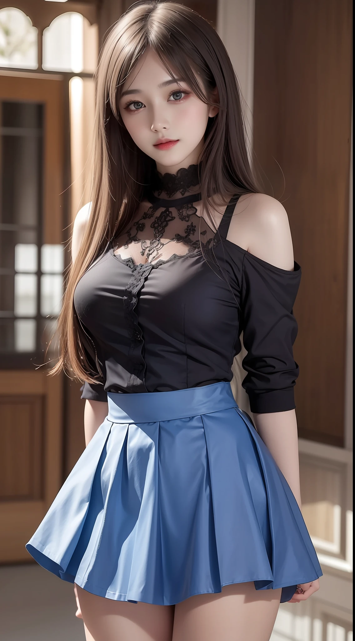 4K ultra, masterpiece, a girl, good face, detailed eyes, straight hair, very long hair, medium breasts, skirt, half skirt, blue skirt, blavk panties, shinning, high lights, realistic background, whole body capture,