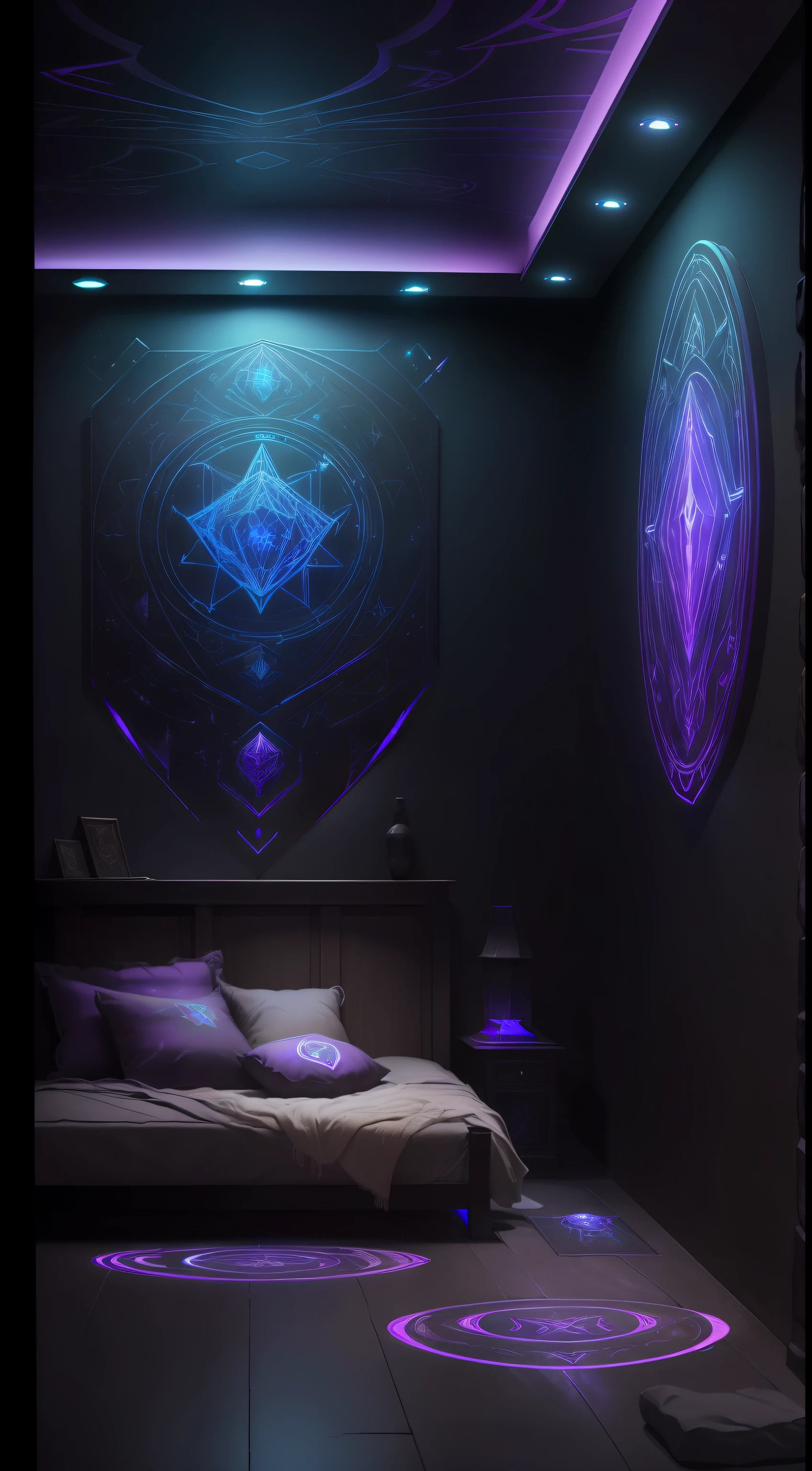 ((best quality)), ((masterpiece)), ((realistic drawing)), ((perfect character))
Medieval sci-fi gamer's chamber, holographic medieval tapestries, futuristic armor and weapons on display, floating holographic game consoles, neon purple and blue lights illuminating stone walls, high-tech gaming setup, virtual reality headset, levitating bed with glowing runes, eye level, scenic, masterpiece