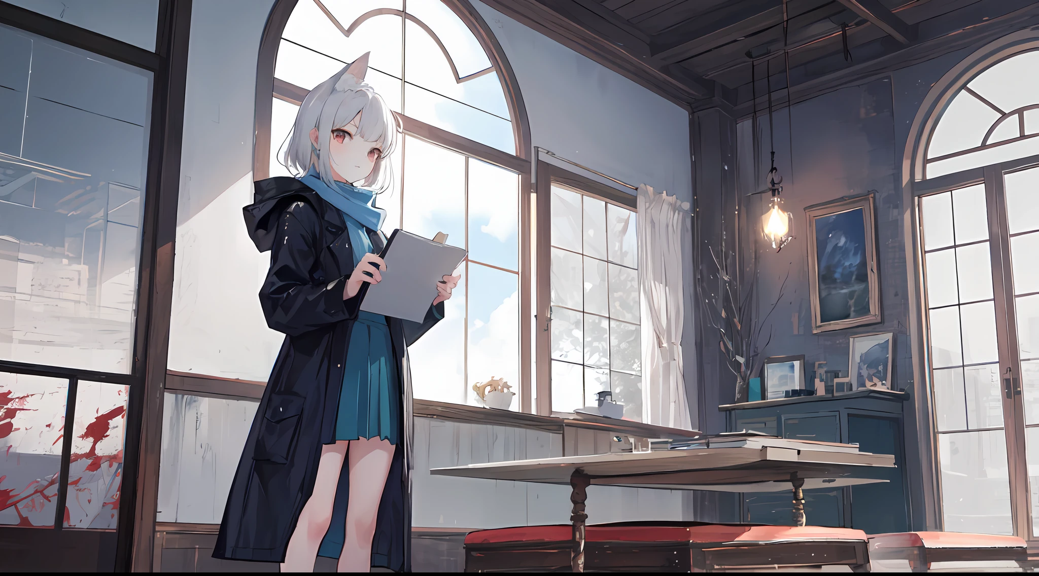 Heterochromic pupils,solo person,Ark of Tomorrow,one-girl,off-shoulder sweater, backless outfit,Starry sky,clusters of stars,Ray tracing,{Best quality}, {{Masterpiece}}, {A high resolution}, Original, Extremely detailed 8k wallpaper, {An extremely delicate and beautiful},,incredibly_absurderes,Colorful,intricately details,art book,,incredibly_absurderes,Ray tracing,Perspective,Wide shot,Overall view,,A high resolution,Game CG,short_Hair,cat_hor ears,White_Hair/White_Eyes,Detail fingers,Hands in hair,pigeon-toed,Pout,Blush,Eyes visible through hair,off-shoulder sweater,White_wind coat,Superskirt,White pantyhose,White cat ears,(((long white hair))),White tail,reaching out her hands,W cut sitting position,(((a black trench coat))),(((Blue sailor collar))),Blue pupil,Black hairpin,Post-industrial buildings,4K,Master picture quality,Texture,Ark of tomorrow style,On the ground lay the West Sword,eventide,Blood-red sunlight,Black backpack,((((Short blue skirt)))),((((White tights)))),black sneaker shoes,full bodyesbian,long and flowing hair,Smiling,Squint,The ultimate in facial depiction,The ultimate body depiction,The ultimate hair depiction ,There are lanterns on the ground,is shy,in a panoramic view,The ultimate scenario description,Pout,Beautiful_face,Beautiful detailed eyes,One eye is white,One eye closed ,Earphone,Beautiful detailed sky,reflective light,Ray tracing,Sunlight,(Maid dress),Sailor dress,Sleeves,beautiful detailed water,Beautiful detailed sky,god light,depth of fields,Normal body,Normal posture,Front view,Absolutely good light and shadow,Detailed sky,baiyun,the sunset,(((城市,starlights,rios,darkly))).{Best quality}, {{Masterpiece}}, {A high resolution}, Original, Extremely detailed 8k wallpaper, {An extremely delicate and beautiful},,Ray ,{Best quality}, {{Masterpiece}}, {A high resolution}, Original, Extremely detailed 8k wallpaper, {An extremely delicate and beautiful},,incredibly_absurderes,Colorful,intricately details,art book,,Overall view,,Depth o