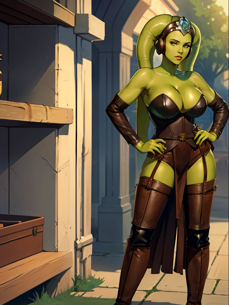 (green skin), Twi'lek, large breasts, cleavage, Jedi, brown leather, strapless corset, shoulder pad, single long sleeve, skirts, tan trousers, long boots, brown leather, buckles, straps, Star Wars,