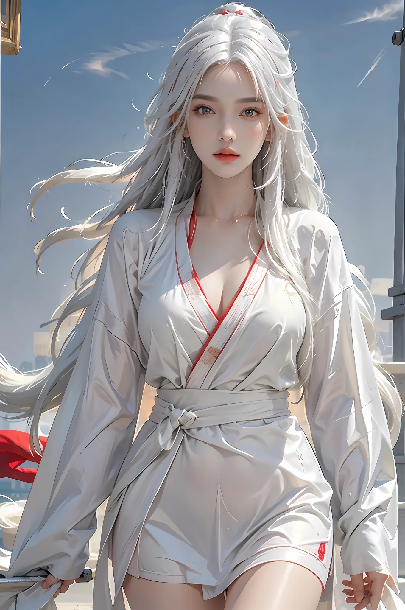 photorealistic, high resolution, 1women, solo, hips up, look at viewer, (detailed face), white hair, long hair, red Taoist robe,oversized clothes, jewelry