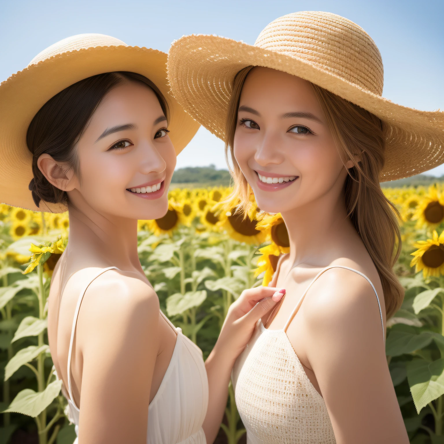 Standing in a sunflower field、Wearing a white dress、Holding a straw hat、Laugh、Ultra-realistic capture, Highly detailed, High resolution 16k close-up of human skin. Skin texture must be natural, Detailed enough to finely identify pores. Skin should look healthy, In a uniform tone. Use natural light and color、