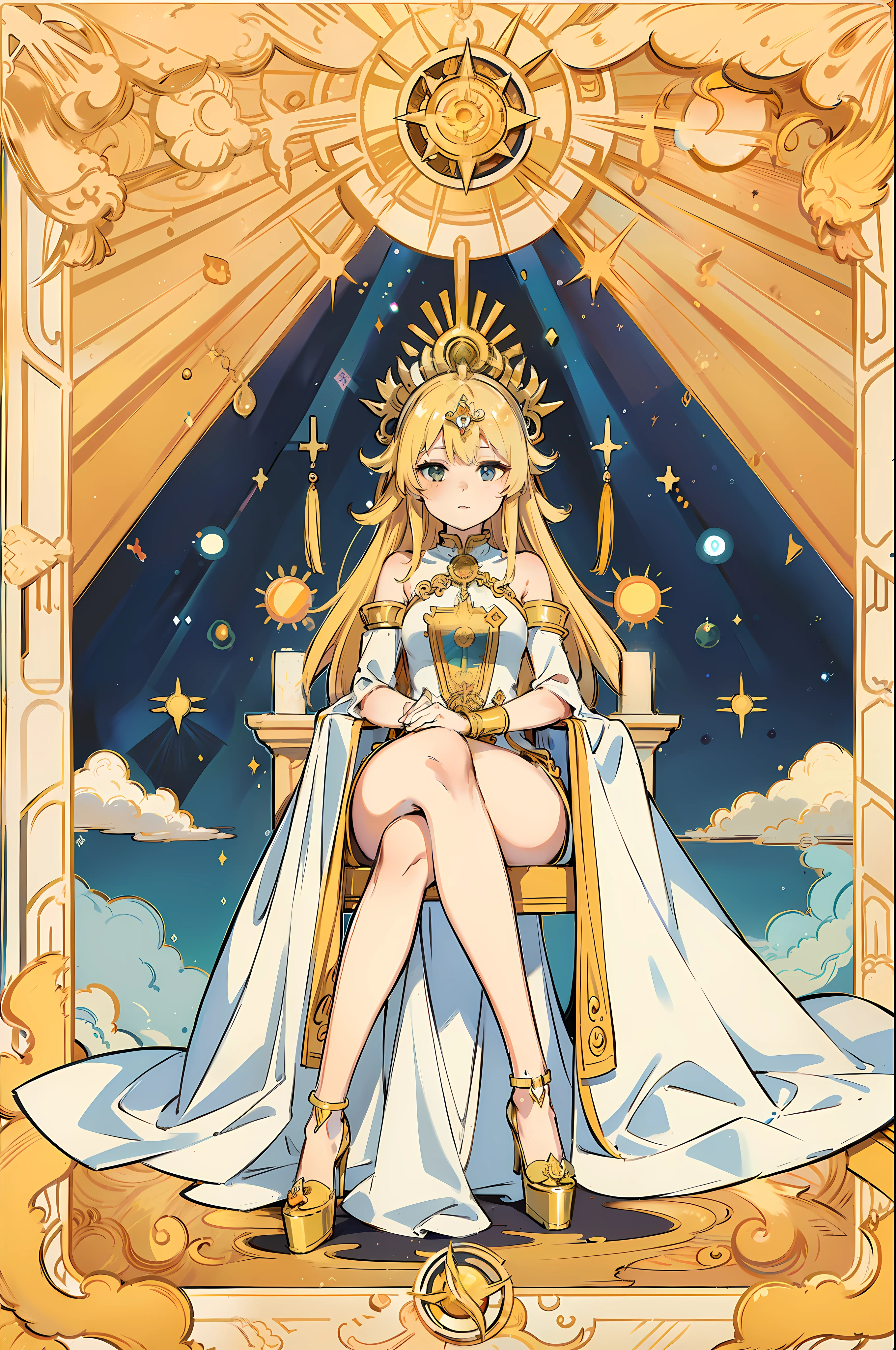 masterpiece, best quality, tarot style, centered, in frame, big sun, stone pillar,1girl, solo, censored, looking at viewer, sun, bright, flat view, sitting in the golden throne, Symmetries, beautiful eyes, day, in spring, sun, sky, background, full body, high heel