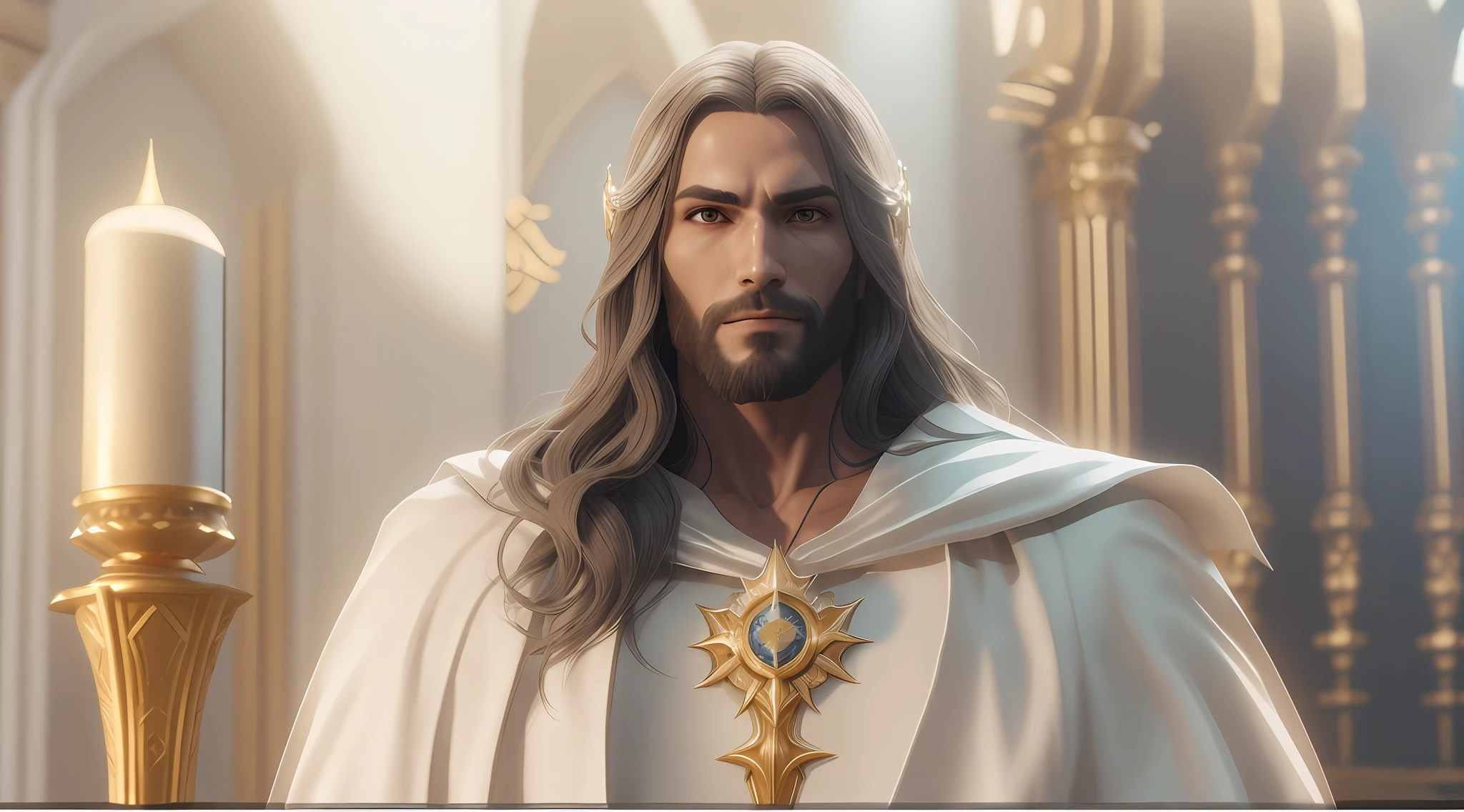 imagem de um homem vestido com um manto branco e uma cruz, picture of a male cleric, O Rei Branco, Retrato do Imperador da Humanidade, elfo masculino bonito, Jesus Cristo olhos azuis perfeito, olhar de autoridade e impon~encia , Reis antigos em vestes brancas, retrato masculino da fantasia, unreal engine 5motor render saint seiya, dressed like a cleric, Um retrato de um elfo masculino, cleric