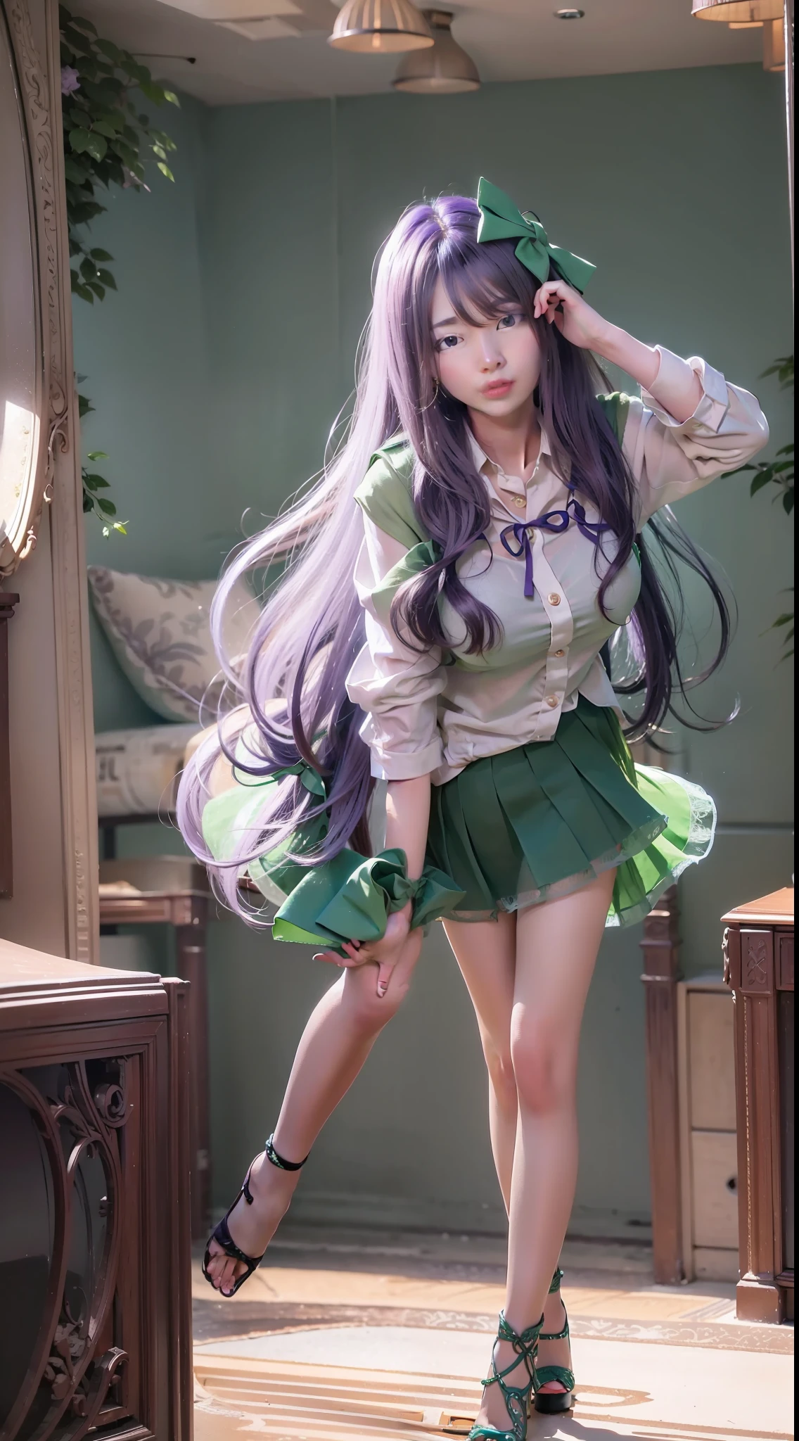 purple bow hair accessory,Purple hair JK suit,Young Korean girl,large green eyes,Fresh pupils,Skin is delicate and delicate,Kneeling gracefully,Charming long legs,Face forward,Plump and tender muscle lines,A shallow smile,cheeks slightly red,Brush your fingers over your long hair。Unified 16k real photos