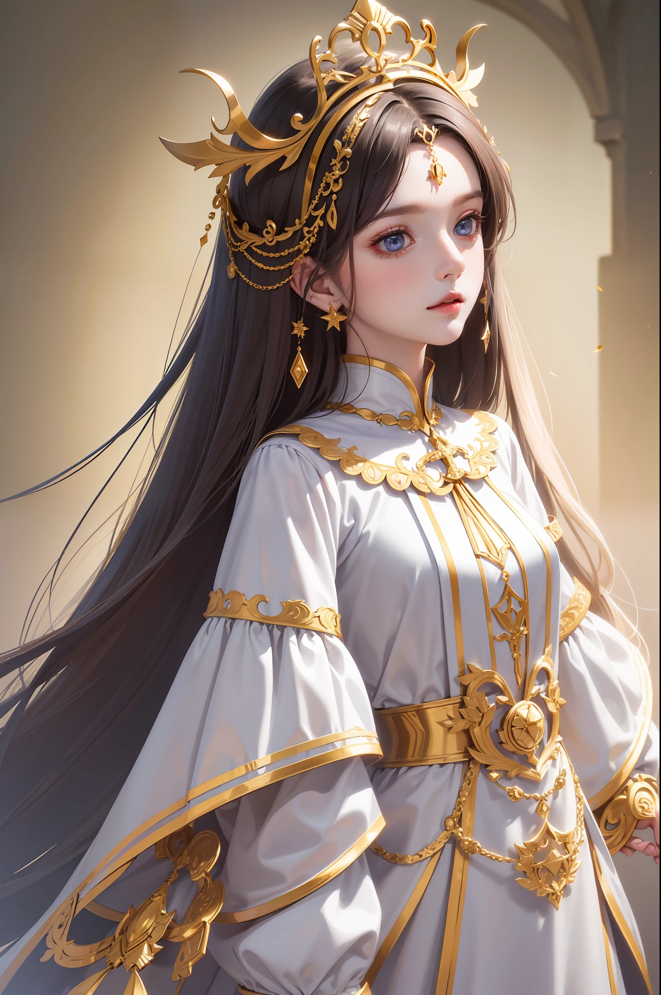 tmasterpiece，best qualtiy，（8k very detailed CG unit wallpaper）（best qualtiy），（Most Best Illustration），（best shadow）White clothes with gold stripes Fair skin Beautiful face Harmonious facial features Body and face in line with popular aesthetics Handheld gem-set staff Holy Spotlessly noble Thin face