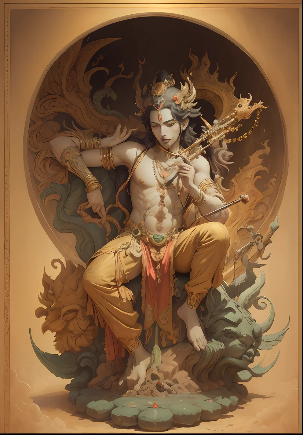 A man, a mythological figure Vishnu playing a flute.