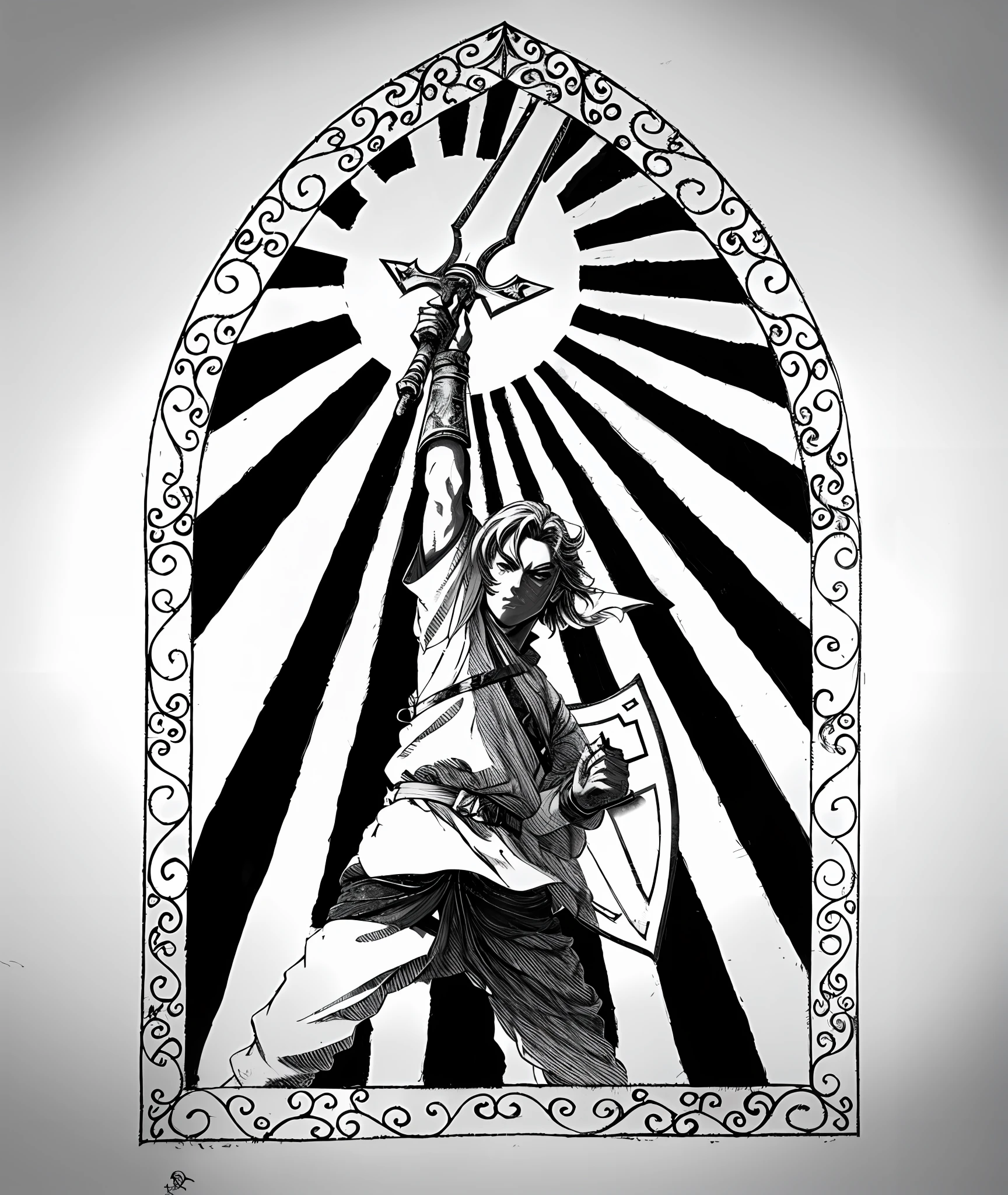 a drawing of a man holding a sword in front of a sun, zelda style art, inspired by Josetsu, master sword, dark souls inspired, extremely fine ink lineart, ink and screentone, (inktober), inspired by Shūbun Tenshō, inspired by Kanō Tan'yū, colored inspired in The Legend of Zelda, adult Link with the master sword, colored with watercolor