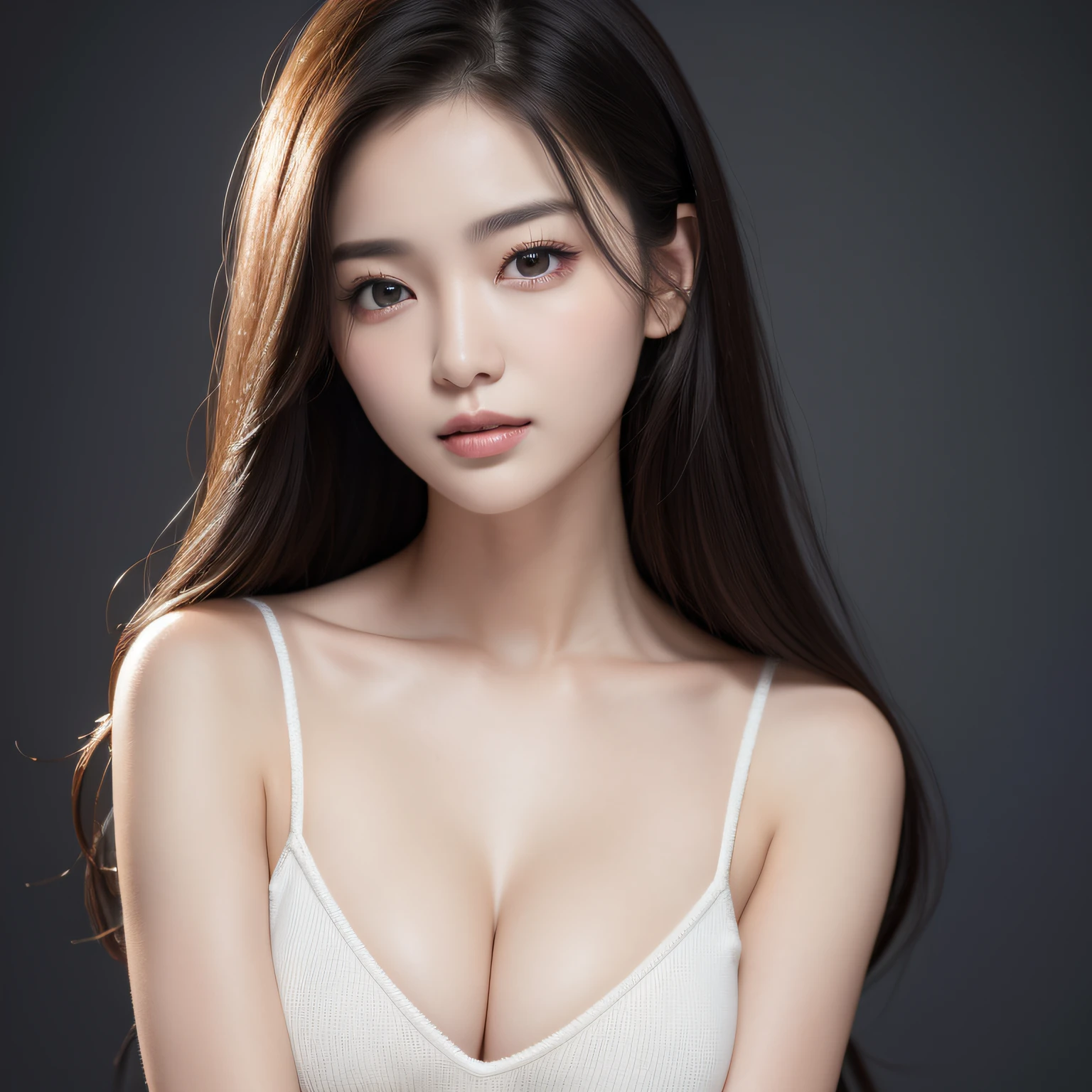 ((best qualtiy、8k masterpieces:1.3))、foco nítido:1.2、(ultra beautiful faces:1.0)、(shinny skin:1.0)、photos realistic、A dark-haired、Video Lighting、High-definition eyes and face、Video Lighting、(Korean Cute Actress)、from the front side、medium large breasts、ssmile、Sleeveless、Slender Abs Beauty、Wearing a tar neck knit