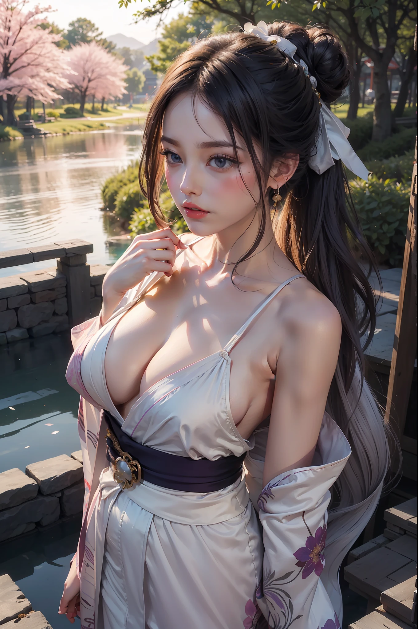 pond, Feudal Japanese architecture, Female, woman, Sensual, Erotic, view the viewer, Romantic, Loving, Affectionate, facingviewer, Colorful, Long hair, (Hair combed into a perfect bun:1.3), (Asian:1.3), hair pin, shairband, Ribbons, Twilight Blue, gleaming silver, Galaxy Purple, Black velvet, Sakura Park, the cherry trees, Pink petals, Outdoors, standing, (covering breasts:1.4), (hand on breast:1.3), (Sunset, Dusk:1.25), (Silk kimono robe:1.5), (sash:1.3), (Bare shoulders:1.4), (No shoulder strap:1.3), (Delicate embroidery:1.1), elegant, Draped, (Revealing:0.8), (Art by Noah Bradley:1.4), (hand on her own chest:1.3), (Adult:1.4), Petite, Slim waist, Small breasts, fcHeatPortrait, (Medium shot:1.3), leering, risque, thin and light, scantily clad, cleavage, (grabbing her own breasts:1.3), (Masterpiece:1.2), Subsurface scattering, heavy shadow, (High quality:1.4), Golden ratio, (Intricate, High detail:1.2)