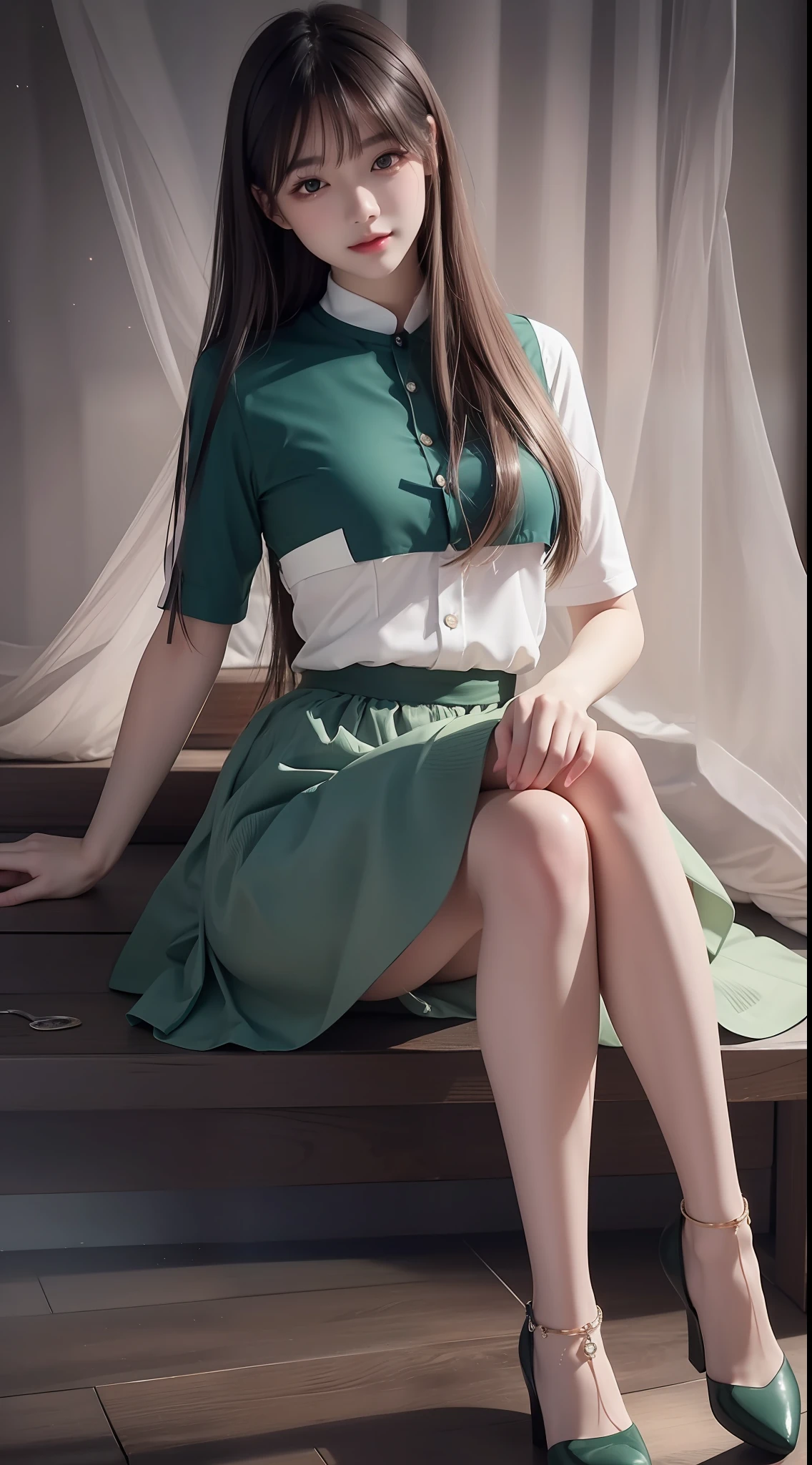 4K ultra, masterpiece, a girl, good face, detailed eyes, straight hair, very long hair, skirt, half skirt, green color skirt, shinning, high lights, realistic background, sitting, whole body capture,
