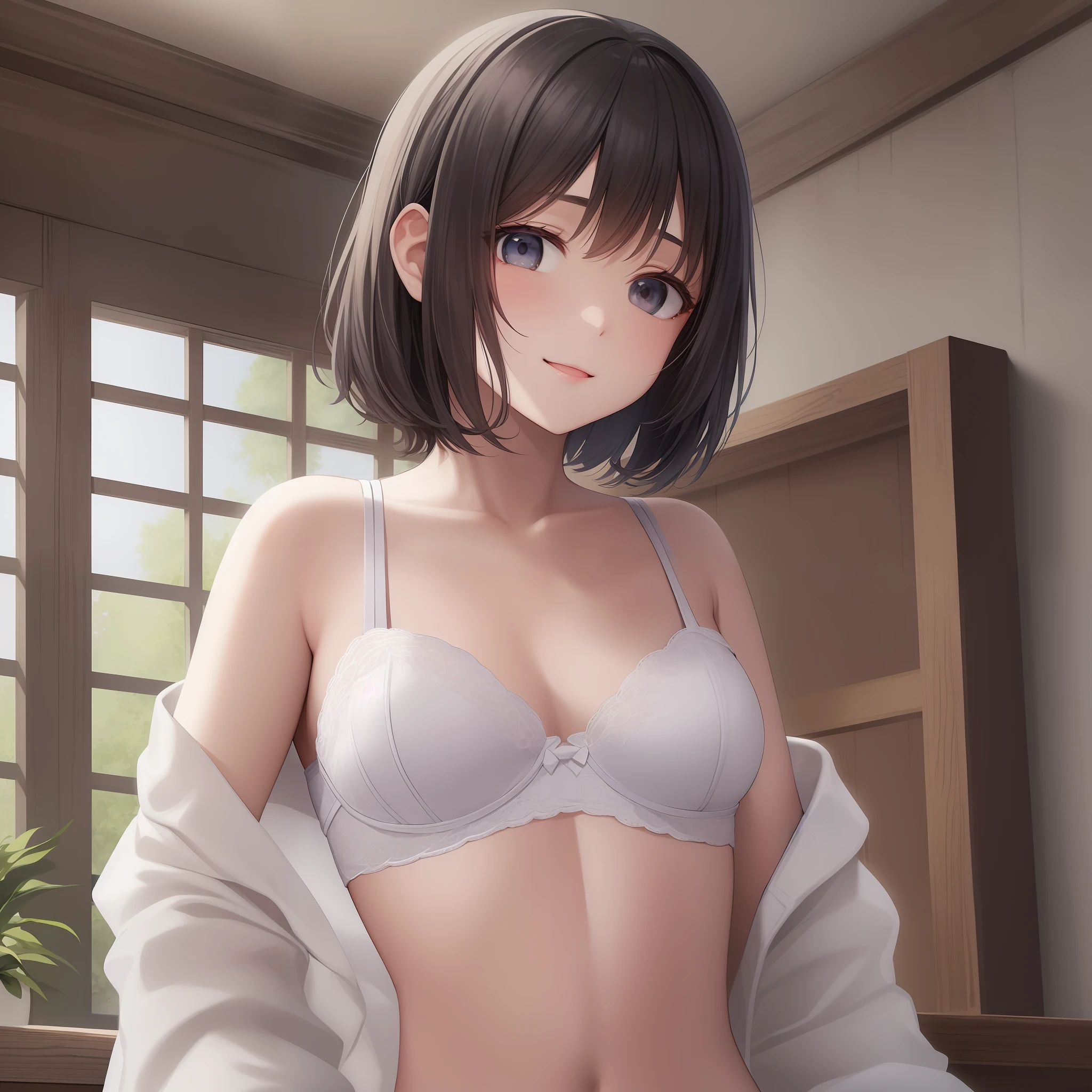 With the best image quality、Teenage girl standing in room。In high resolution、Beautiful fine details、tranquil atmosphere。Black Hair Bob Hair、Cute smile.。(tiny chest)、Cute white bra、Wearing cute white panties。