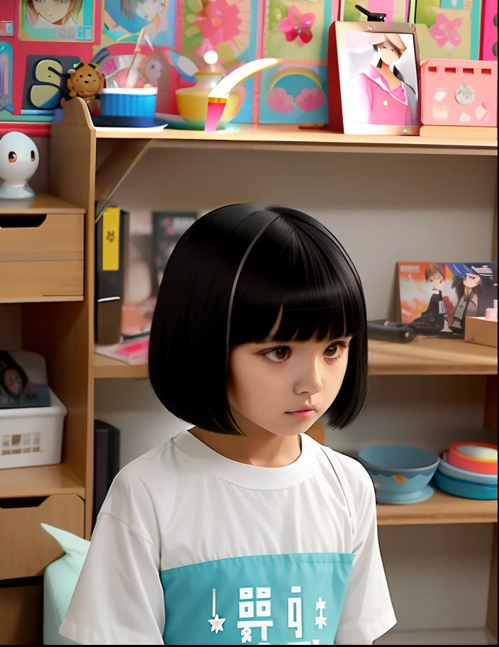 There was a young girl with a comb, hime-cut, Full bangs, boy has short black hair, with full bangs, She has black hair,By bangs, tidy hair,By bangs, bowl haircut, blunt bangs fall on her forehead, black hime cut hair, straight bangs, only a few bangs of hair, still from live action movie, bob hair cut
