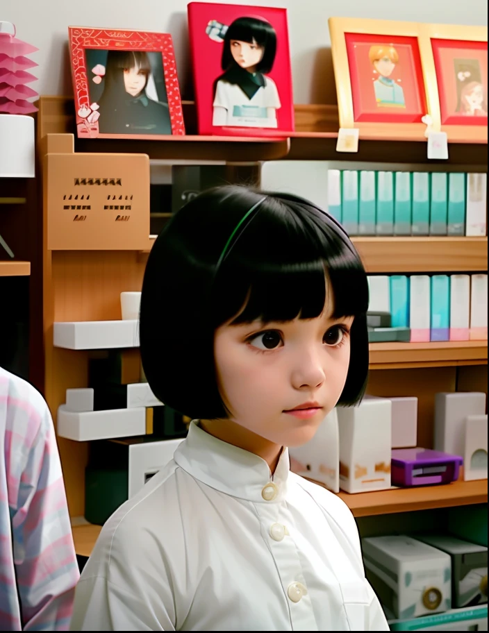 There was a young girl with a comb, hime-cut, Full bangs, boy has short black hair, with full bangs, She has black hair,By bangs, tidy hair,By bangs, bowl haircut, blunt bangs fall on her forehead, black hime cut hair, straight bangs, only a few bangs of hair, still from live action movie, bob hair cut