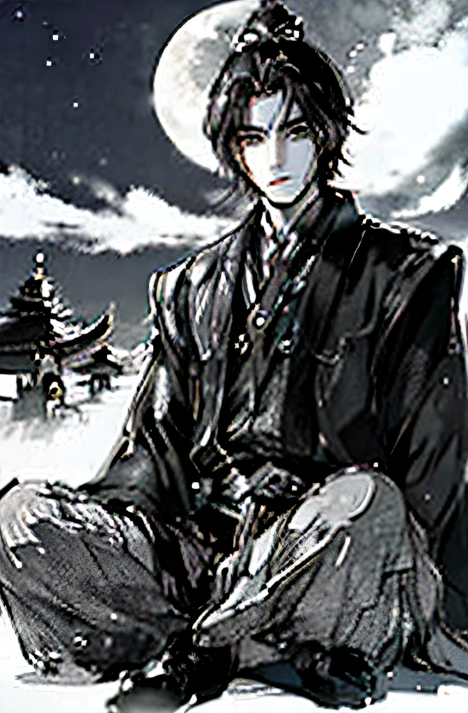 Masterpiece, Best quality, natta, Clouds, full moon, Very short hair,.Ancient style,Chinese man's face