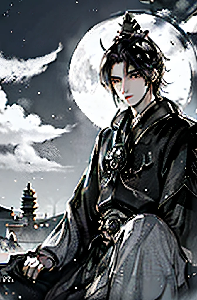 Masterpiece, Best quality, natta, Clouds, full moon, Very short hair,.Ancient style,Chinese man's face