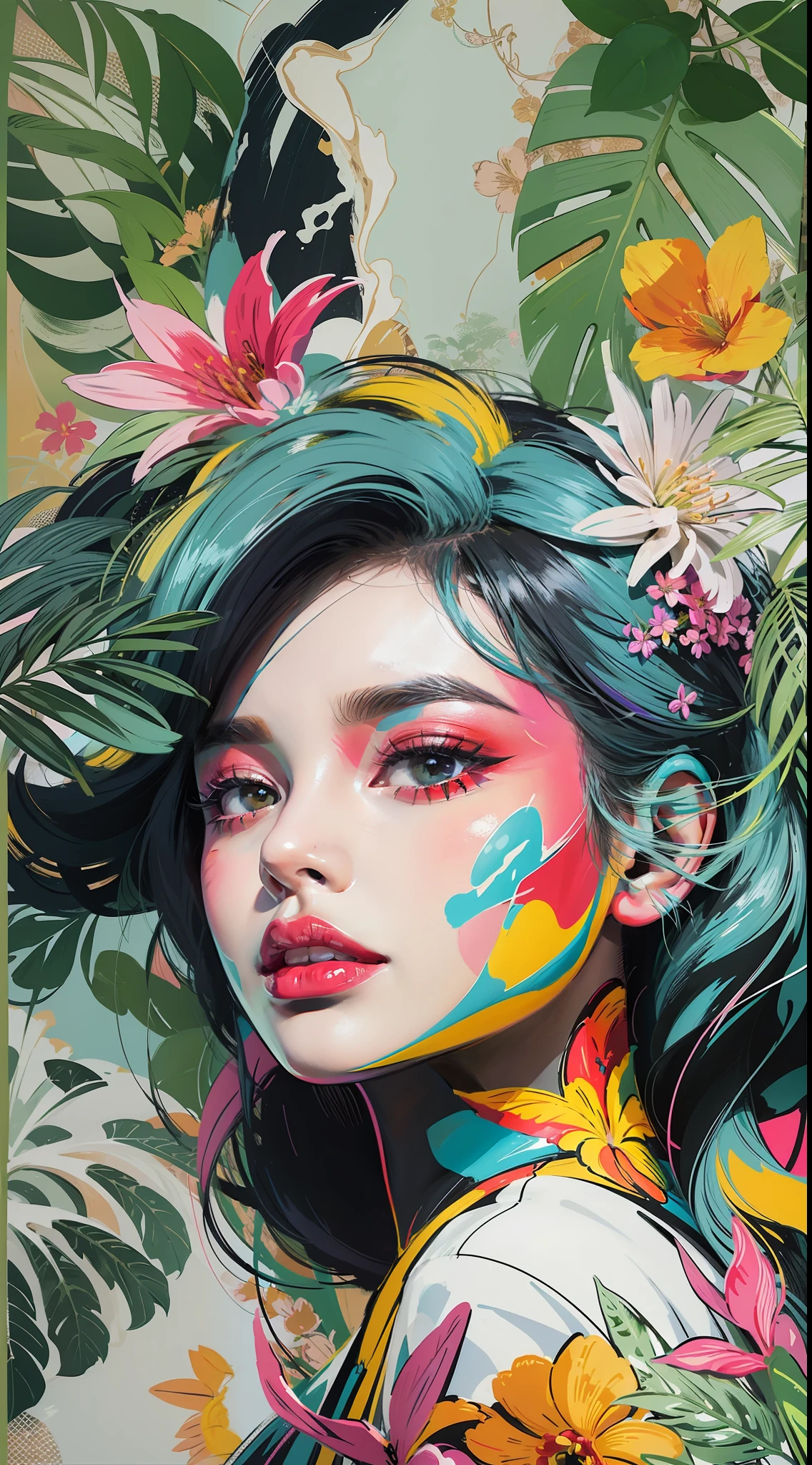 Create a digital art work in pop art style, featureing a vibrant and confident woman with bold makeup and colorfull fashion, cinematic color scheme, surrounded by vintage flowers patterns, energtic brushstrokes,the mood should be dynamic, upper body, drawing, illustration, grayscale, tropical, adubon fruits, adubon plants, many flowers, vector, painting, depth background