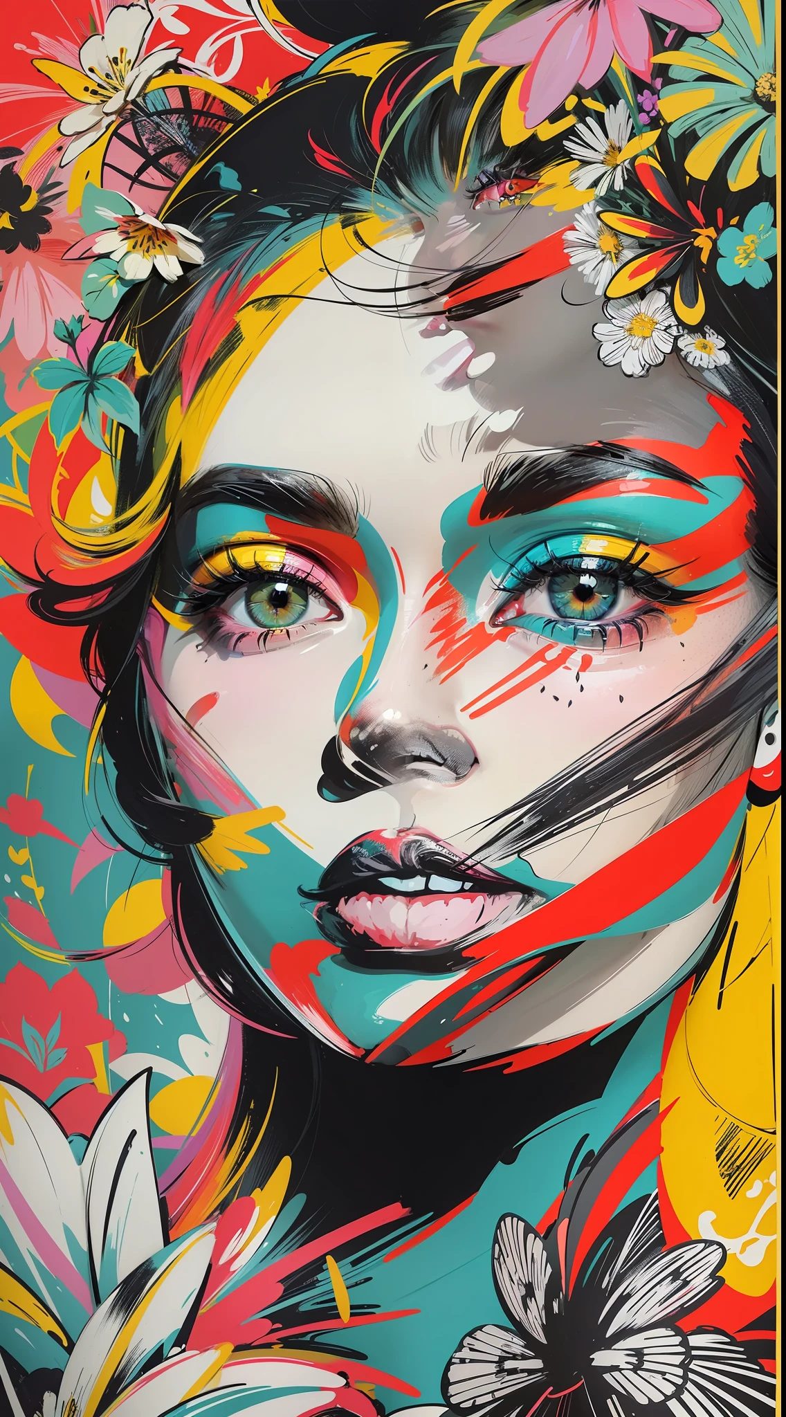 Create a digital art work in pop art style, featureing a vibrant and confident woman with bold makeup and colorfull fashion, cinematic color scheme, surrounded by vintage flowers patterns, energtic brushstrokes,the mood should be dynamic, upper body, drawing, illustration, grayscale, tropical, adubon fruits, adubon plants, many flowers, vector, painting, depth background