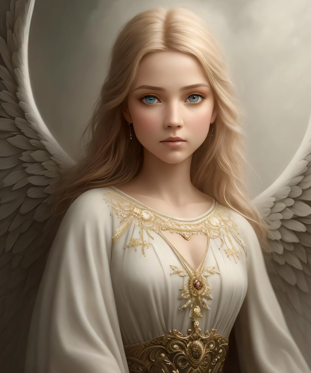 humble angel, fog, fantasy, ultra wide shot, photorealistic, eyes, (pixarstyle:1.2), Helene Knoop, pupils, hypermaximalised, face, detailed skin, ornate dress, beautiful, good anatomy, detailed and intricate, centered, skin pores, subsurface scattering, masterpiece, best quality, sharp focus, absurdres,