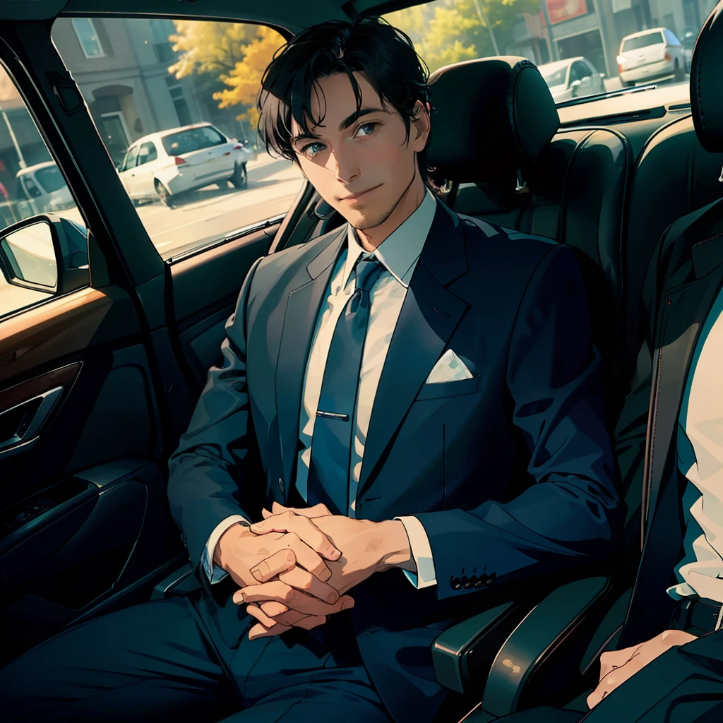 A man in the car was 30 years old,Smile and hold hands,dressed in a suit