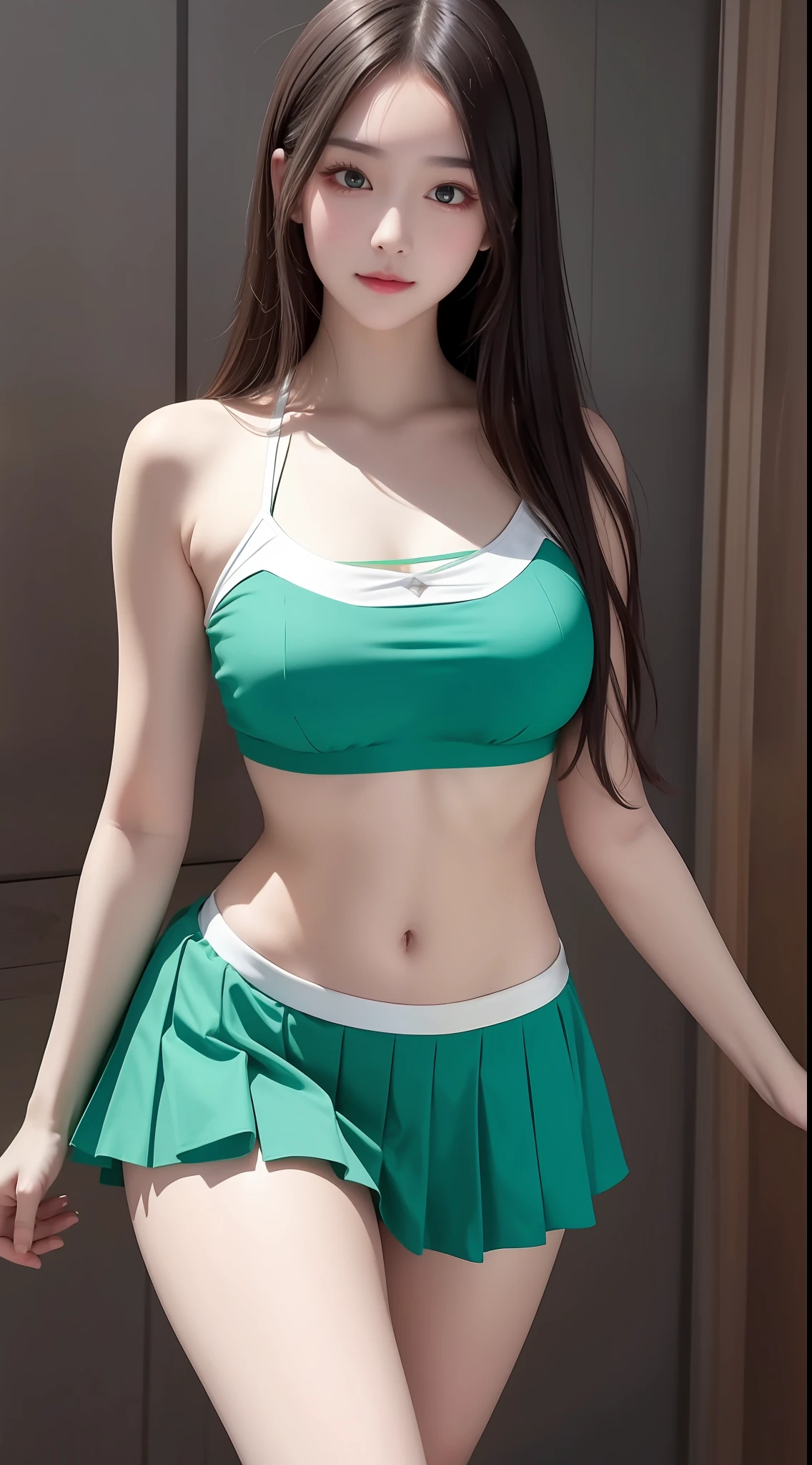 4K ultra, masterpiece, a girl, good face, detailed eyes, straight hair, very long hair, skirt, half skirt, green color skirt, bare stomach, shinning, high lights, realistic background, whole body capture,