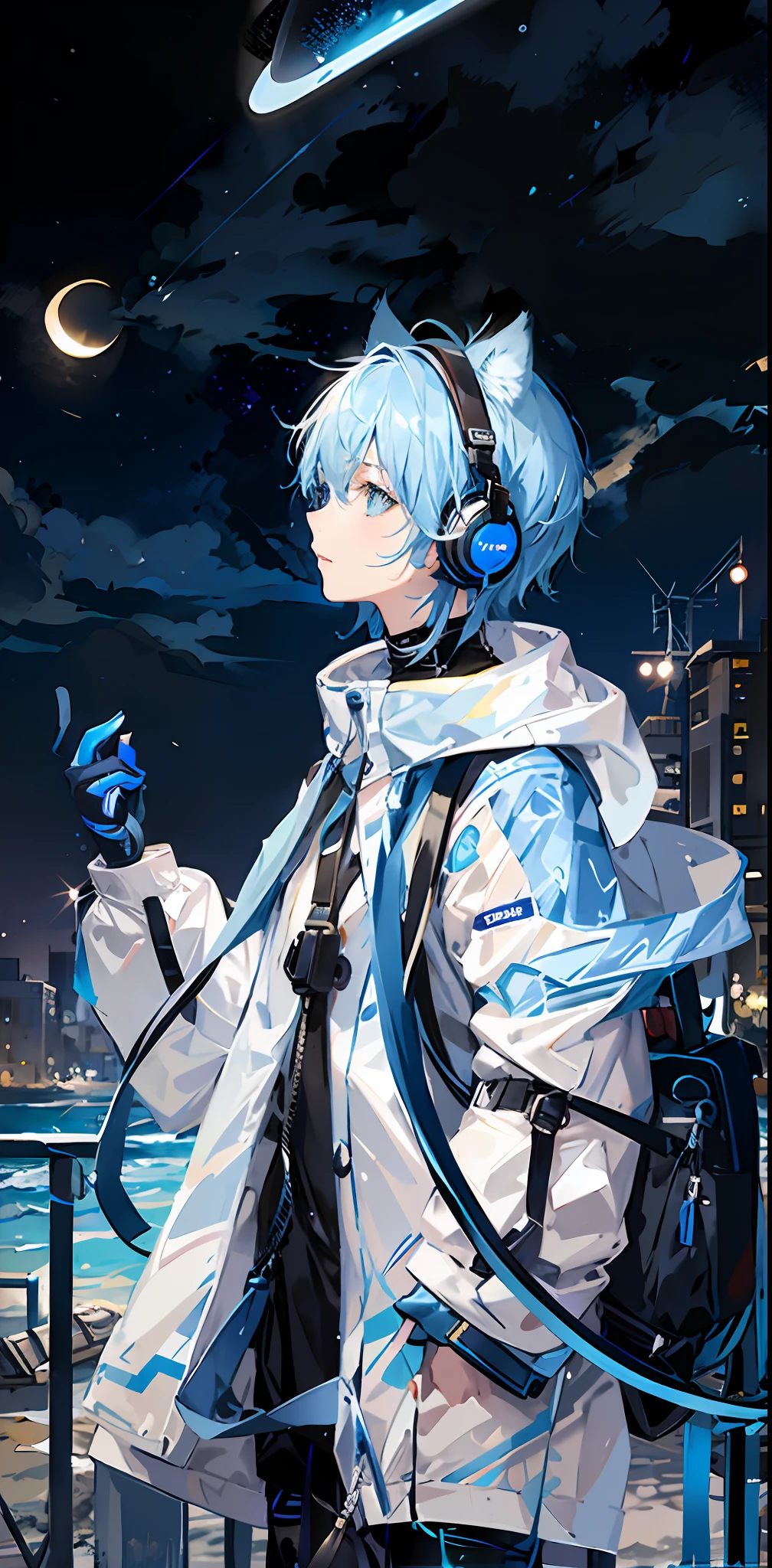 A ager，light blue  hair，Wear a blue and white coat，With blue illuminated headphones，beachside，sandbeach，swell sea，eventide，setting sun，the setting sun