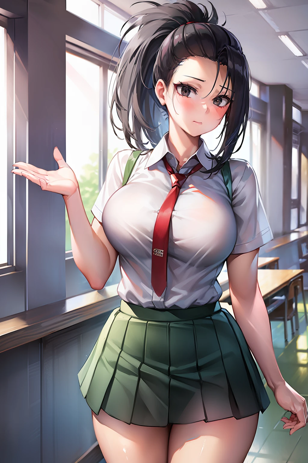 masterpiece, best quality, highres, 1girl, yaoyorozu momo, black hair, ponytail, hair pulled back, black eyes, large breasts, school uniform, white shirt, collared shirt, short sleeves, red necktie, green skirt, standing, cowboy shot, indoors, classroom,