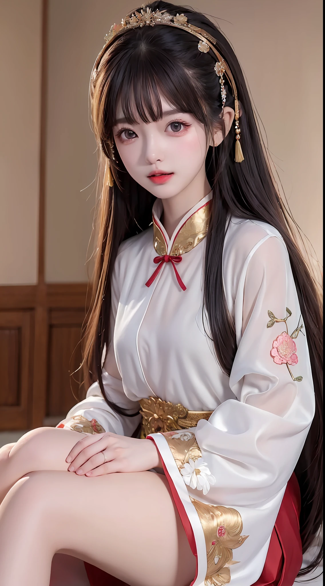 JK Maiden，A girl wearing a Japanese girls' school uniform，8K，Extremely high image quality，Cinematic film texture，photorealestic，Eating Japanese food，Nikkei background，depth of fields，Tatami room，Warm lighting，Bow on chest，Qi bangs，Long hair that falls over the shoulder，(Playful eyes)，二重まぶた，Deepening of the tail of the eyes，Lying silkworm，Wear a bracelet on your wrist，Scarlet lips，The lips are shiny and textured，Fine skin texture，Brown sparkling pupils，((((Keep your eyes on the camera))))，Slender fingers，((face round))，(((Small lips)))，Black halterneck hanfu，Small-headed spells(Prompt): （（hyper HD）），Best image quality，8K resolution，Higher quality，Works of masters，Antique peerless beauty bride，Exquisite facial features，Absolutely beautiful，Crystal red lips，ssmile，Nice big eyes，Delicate long eyelashes，Sweet with lying silkworms，鎖骨，Black color hair（（Loose Chinese antique hairstyle，Floral hair ornaments，Wearing a white sheer silk shirt with large sleeves，Glossy，Multi-layer yarn，There is beautiful embroidery，））Skin that is white and red，Extreme picture quality（（（（Get close to the viewer，Court-style mosquito nets，Festival room，Sitting on the bed spells(Prompt): Works of masters，超高分辨率，high detal，Best image quality，femele，mid hair，Double ball head，Chinese red embroidered print bandeau，Skirt that wraps hips，Stand in the attic of an ancient Chinese city，beautifullegs，During the necklace，