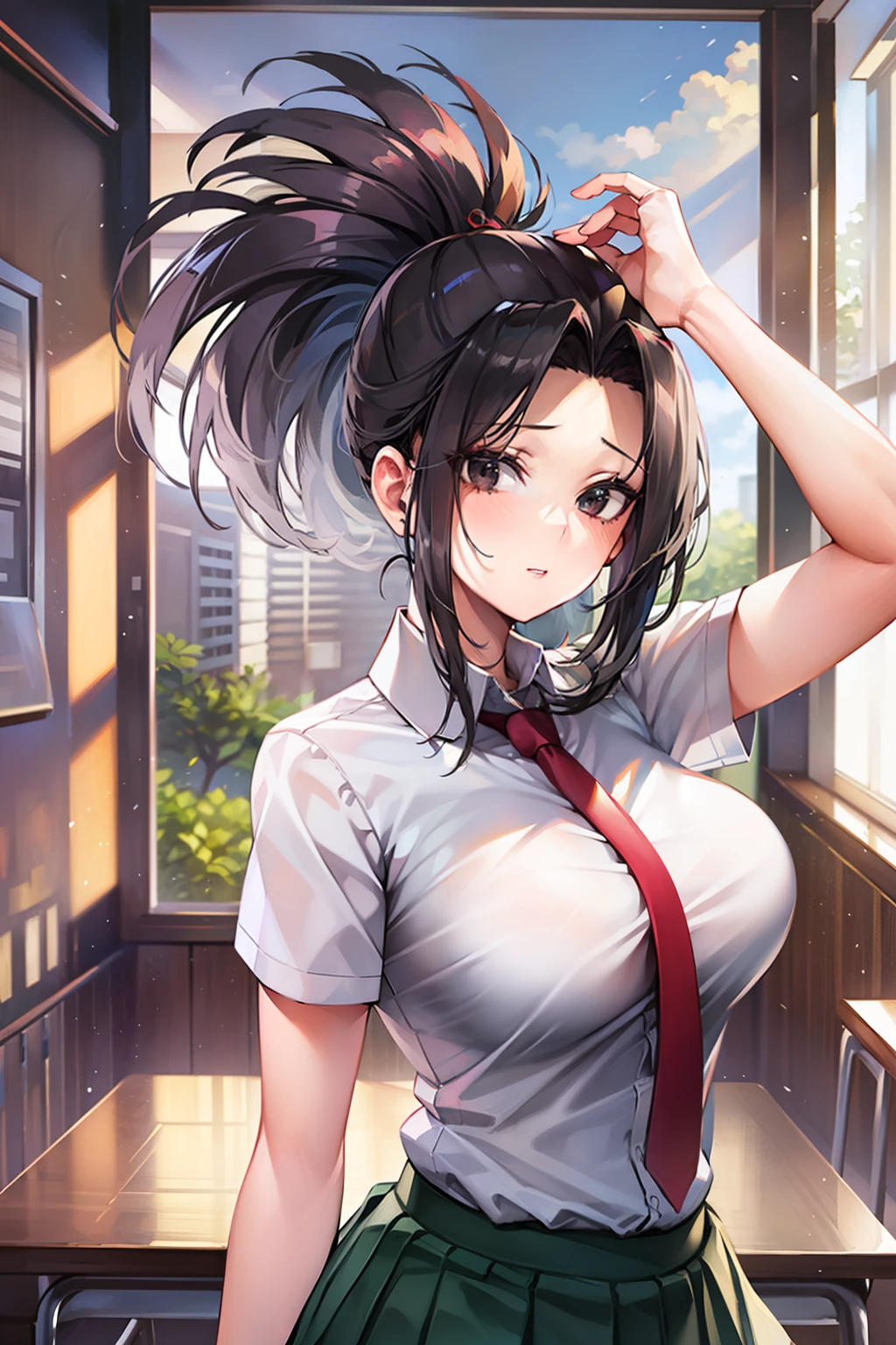 masterpiece, best quality, highres, 1girl, yaoyorozu momo, black hair, ponytail, hair pulled back, black eyes, large breasts, school uniform, white shirt, collared shirt, short sleeves, red necktie, green skirt, standing, cowboy shot, indoors, classroom,