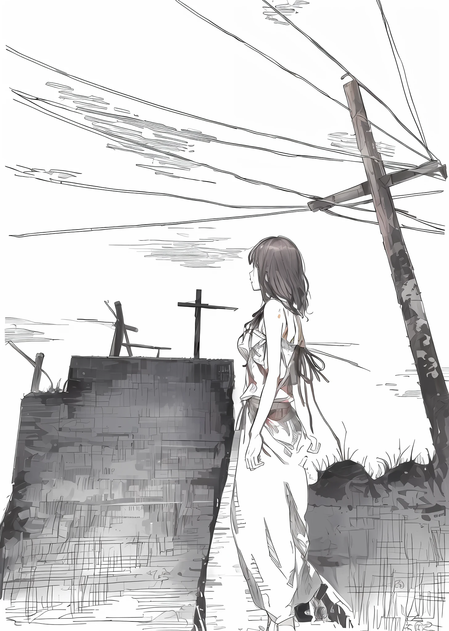 a drawing,A woman walks down the street past a cross, pencil and ink manga, author:author:by Yumihiko Amano, author:Middle Bokuhn, tsutomu nihei art, inspired by Yumihiko Amano, author:Yuki Ogura, anime scene, punpun onodera, pencil and ink manga drawing, junji ito artwork