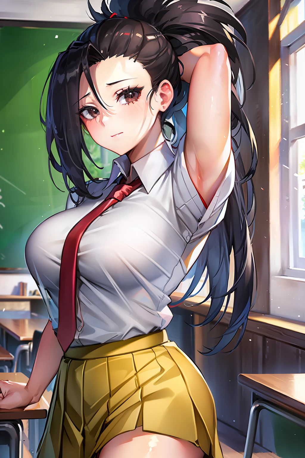 masterpiece, best quality, highres, 1girl, yaoyorozu momo, black hair, ponytail, hair pulled back, black eyes, large breasts, school uniform, white shirt, collared shirt, short sleeves, red necktie, green skirt, standing, cowboy shot, indoors, classroom,